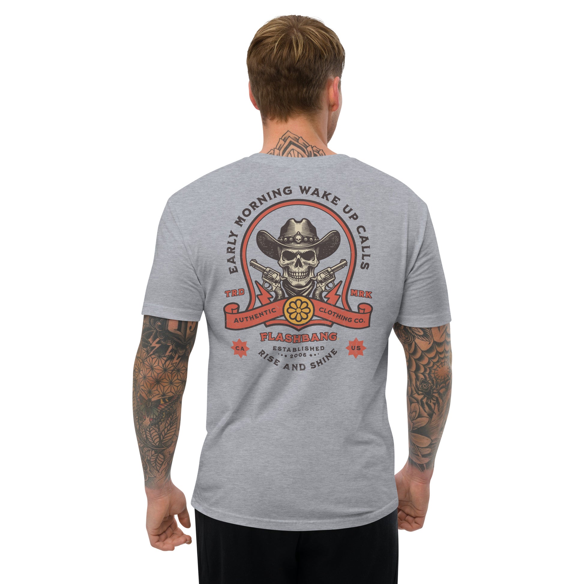 Wake Up Call Lite T-shirt featuring cowboy skull graphic with guns, western style t-shirt - Back View  - Heather Grey - Model Guy