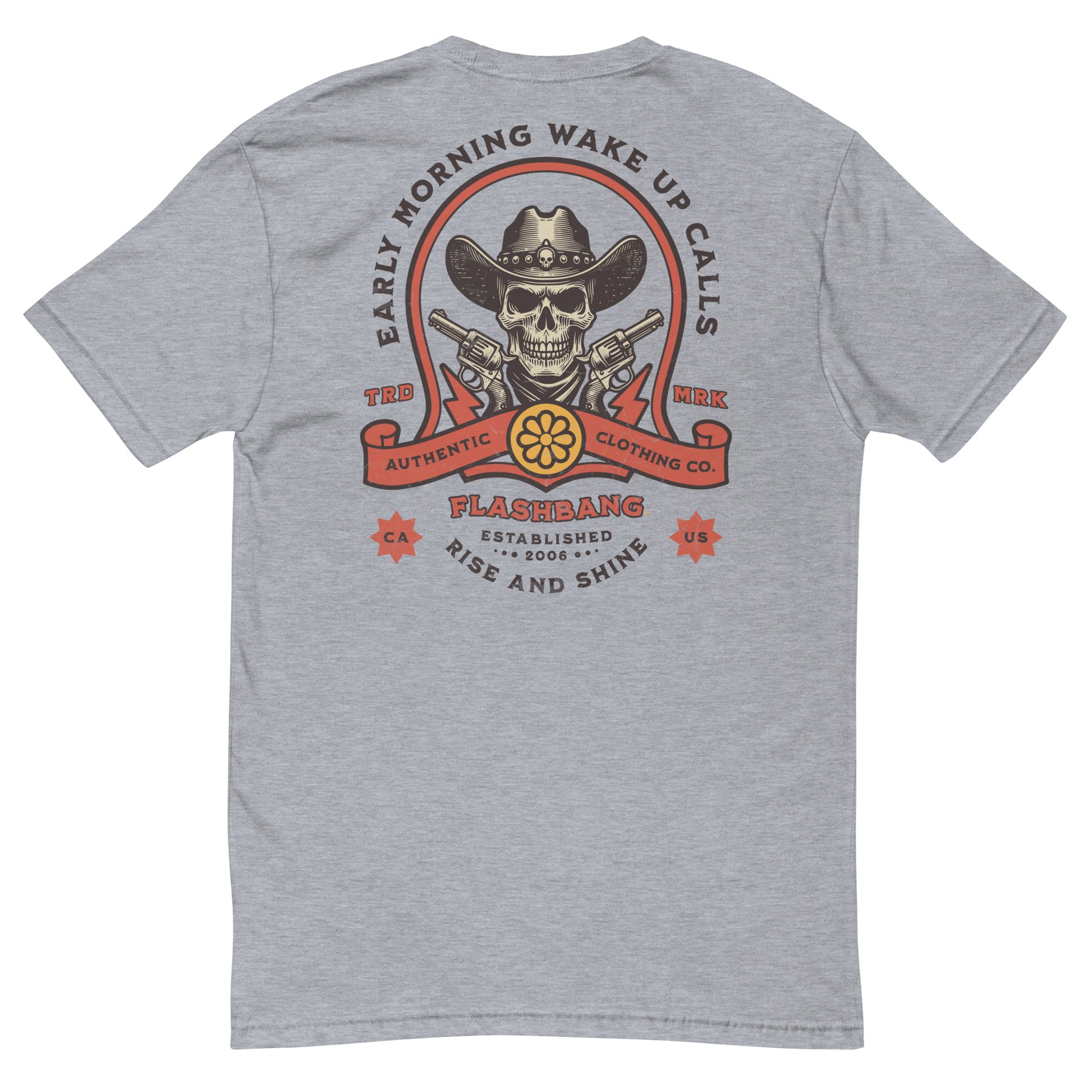 Wake Up Call Lite T-shirt featuring cowboy skull graphic with guns, western style t-shirt - Back View  - Heather Grey