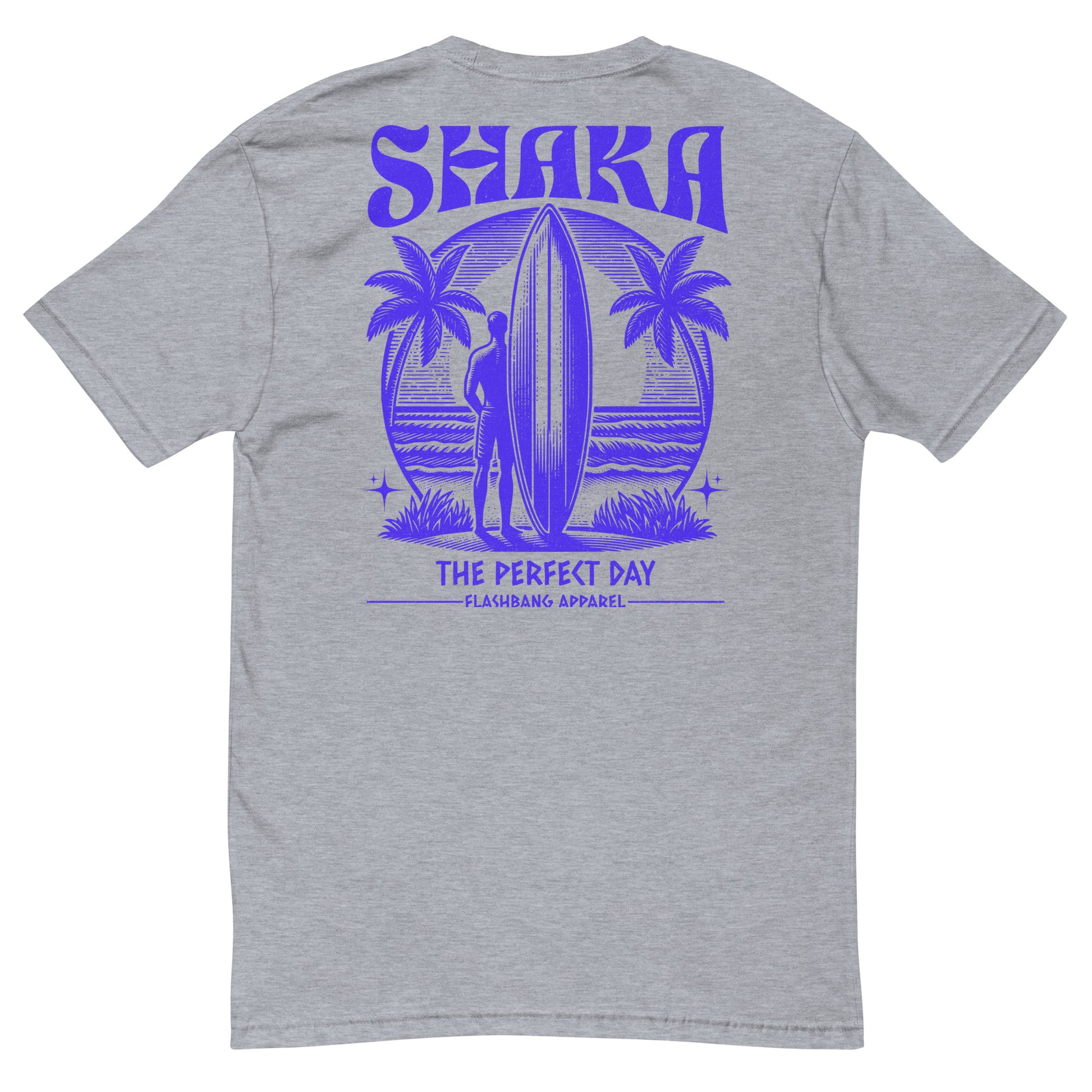 Gray t-shirt with purple 'Shaka The Perfect Day' graphic on a white background