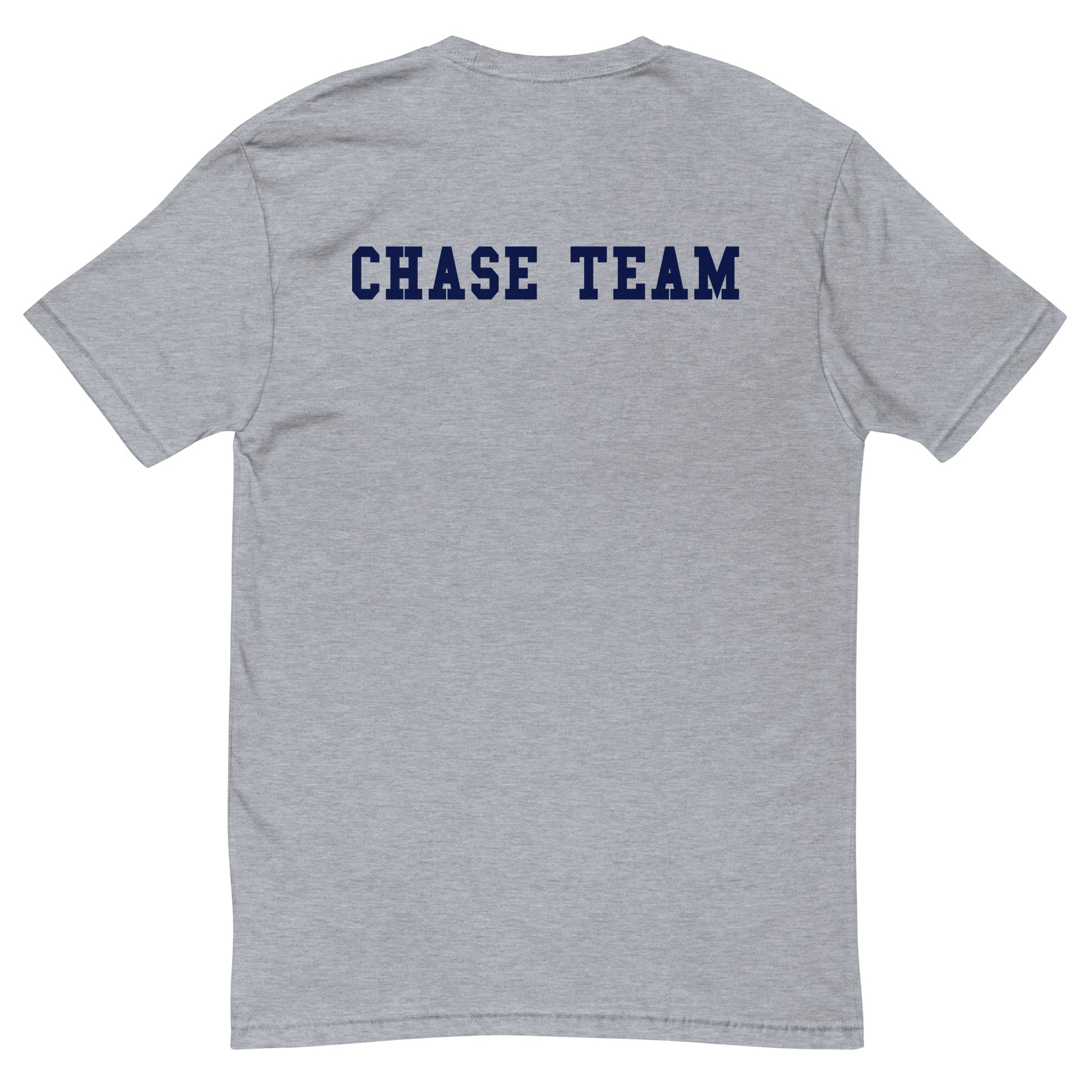Gray t-shirt with 'CHASE TEAM' text on the back against a white background