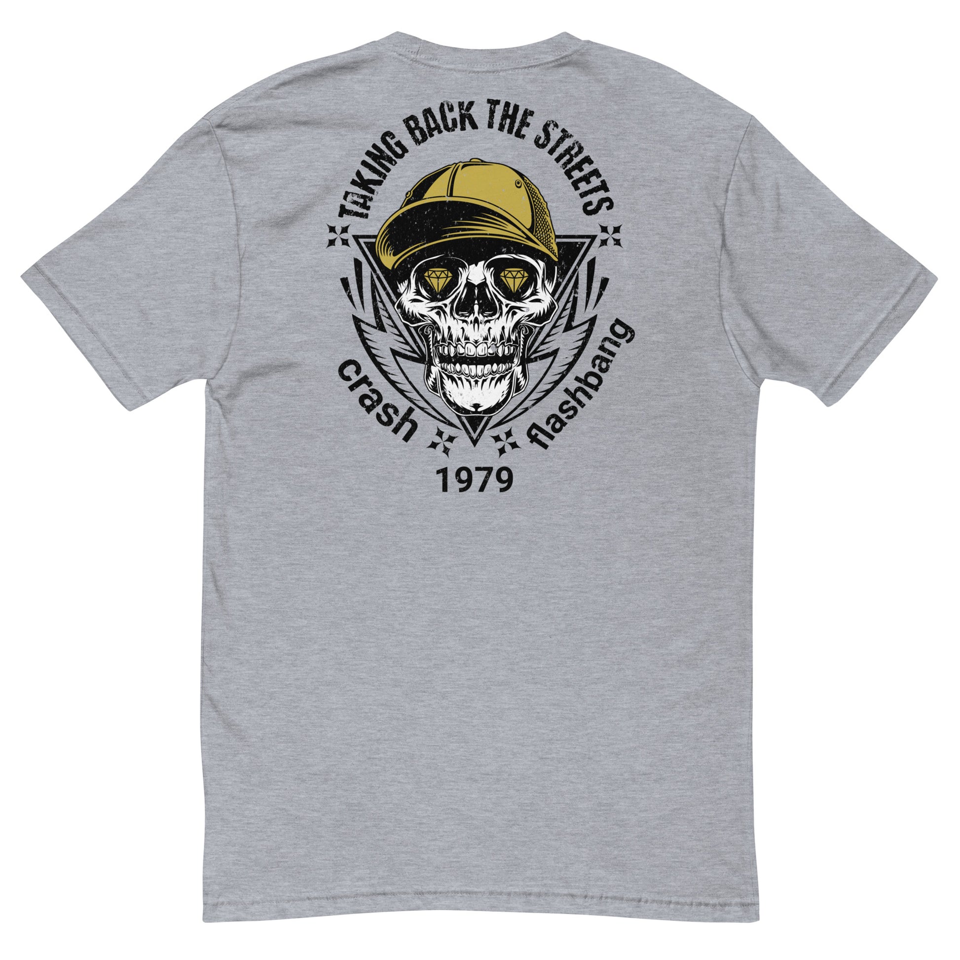 Gray t-shirt with a skull wearing a cap design on the back, set against a white background.