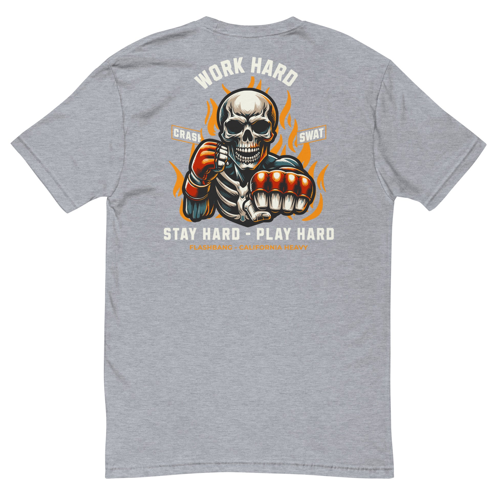 Gray t-shirt with a skeleton fist graphic and motivational text on the back