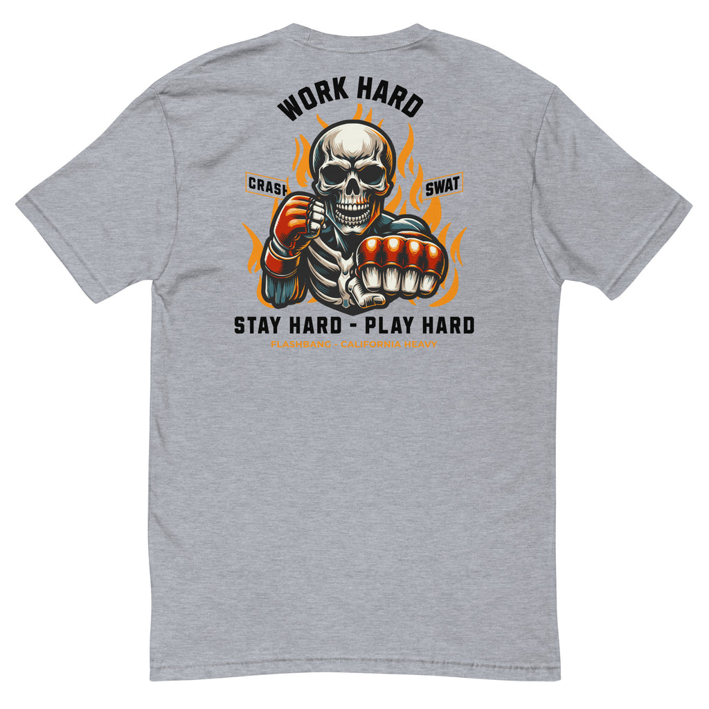 Gray t-shirt with a skeleton design and motivational text on the back