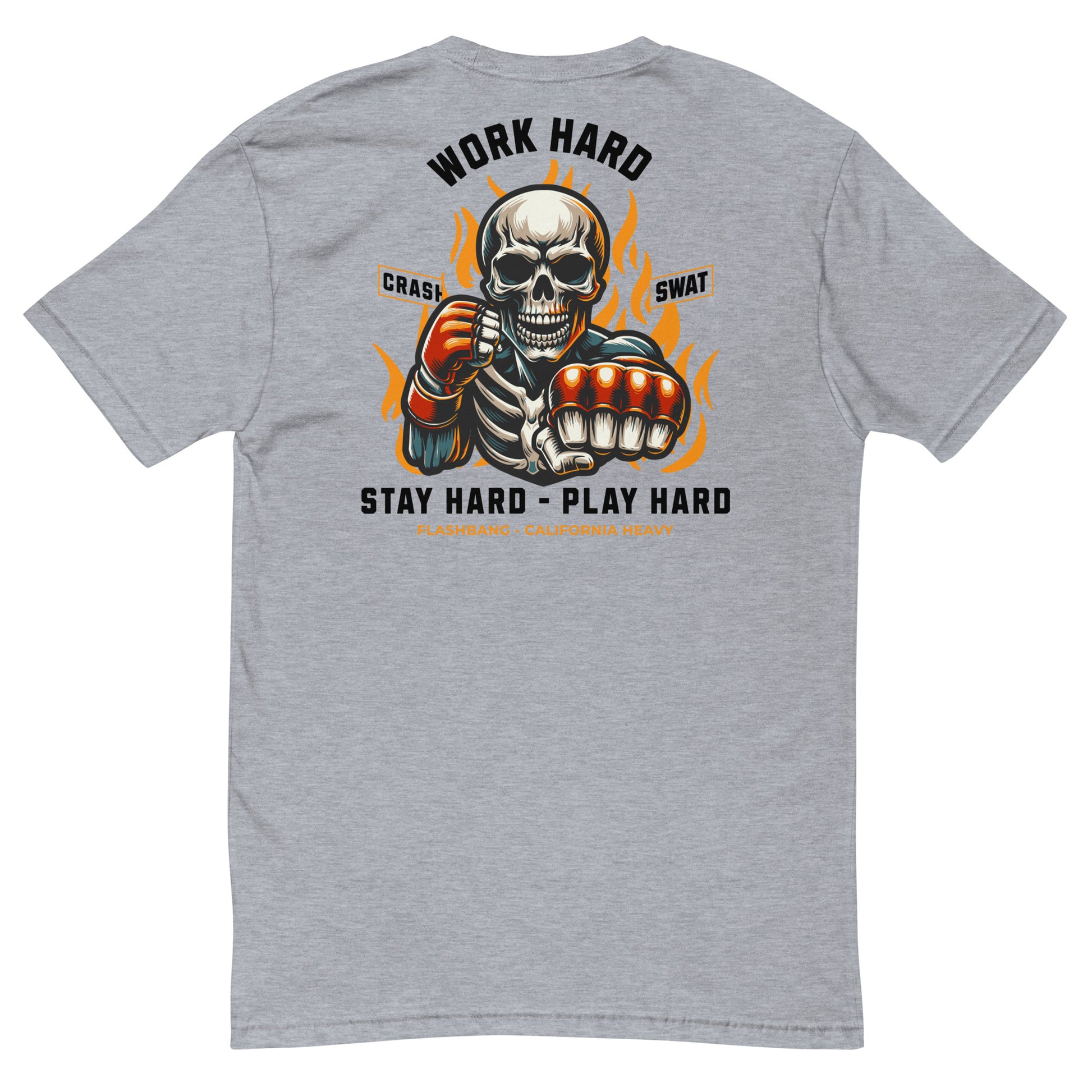 Gray t-shirt with a skeleton design and motivational text on the back