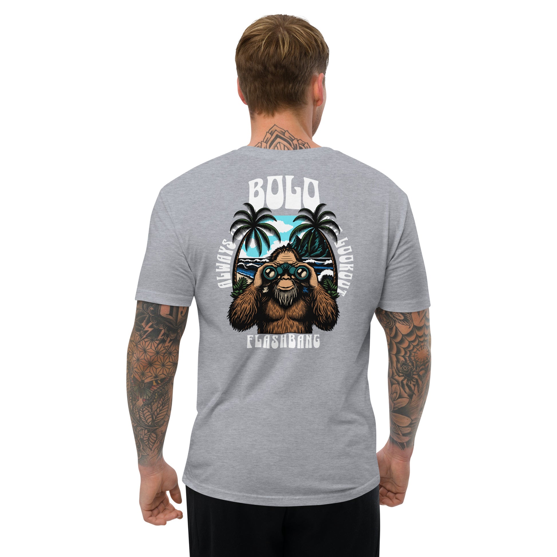 Man wearing a gray t-shirt with a bear graphic and text on the back, on a white background