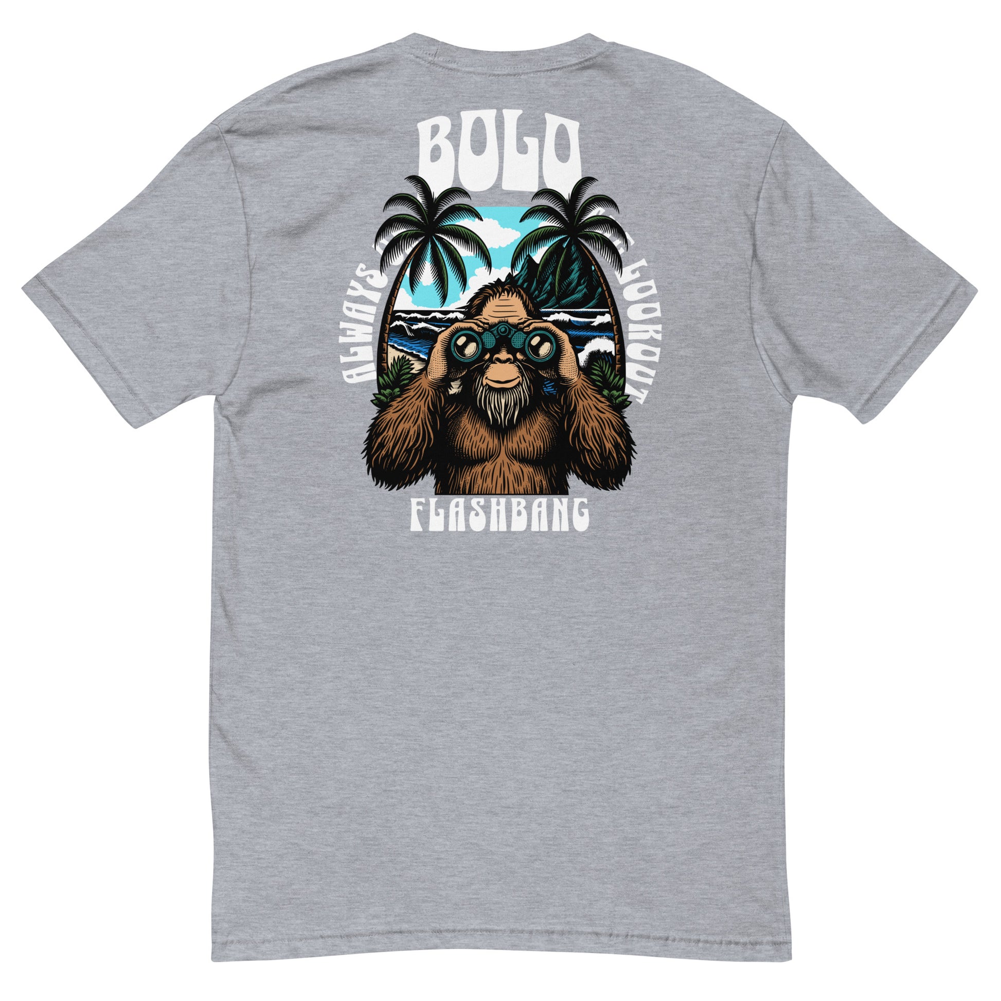 Gray t-shirt with a graphic of a bear holding binoculars and palm trees, with 'Bolo Flashbang' text.