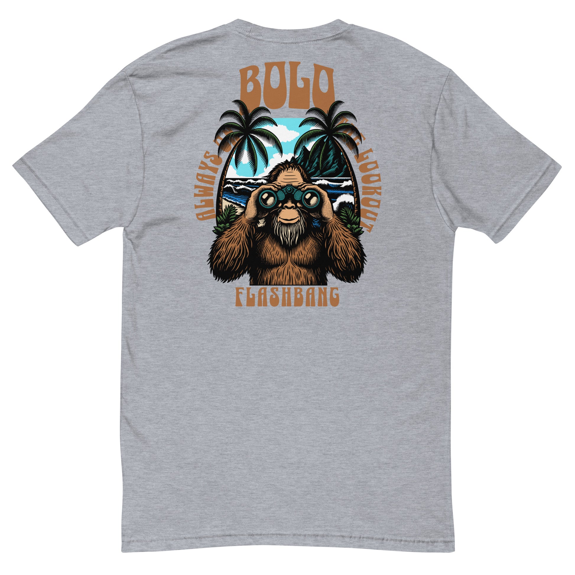 Gray t-shirt with a graphic of a bear holding binoculars and palm trees, with 'Bolo Flashbang' text.