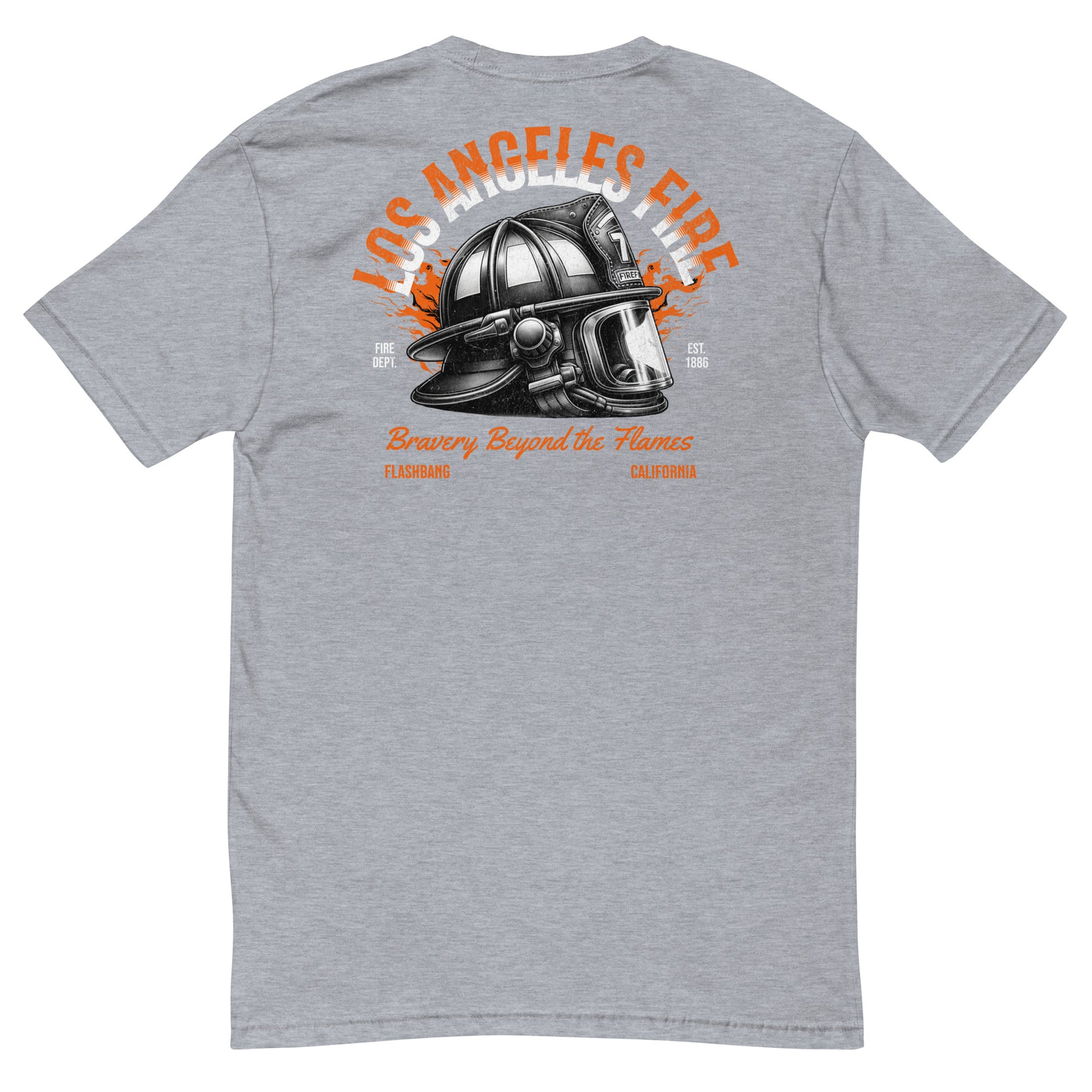 Gray t-shirt with a fire helmet graphic and text on the back, on a white background