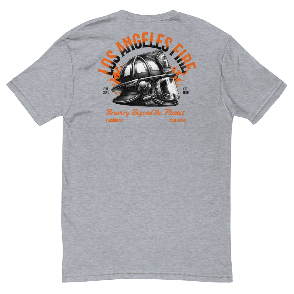 Gray t-shirt with a fire helmet graphic and 'Los Angeles Fire' text on the back.