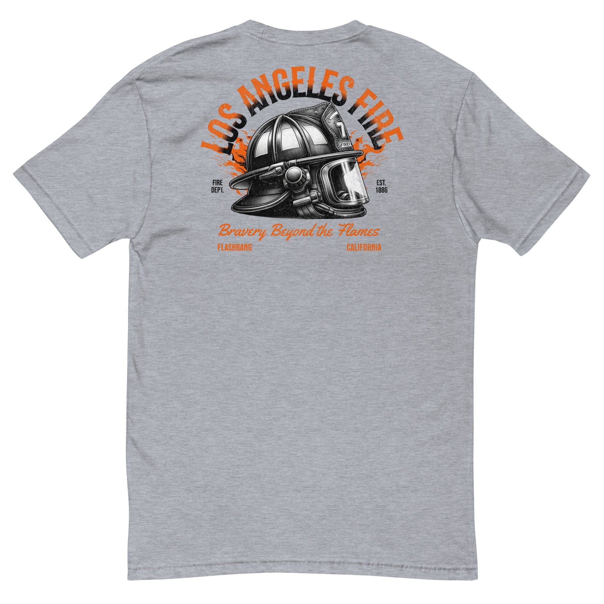 Gray t-shirt with a fire helmet graphic and 'Los Angeles Fire' text on the back.