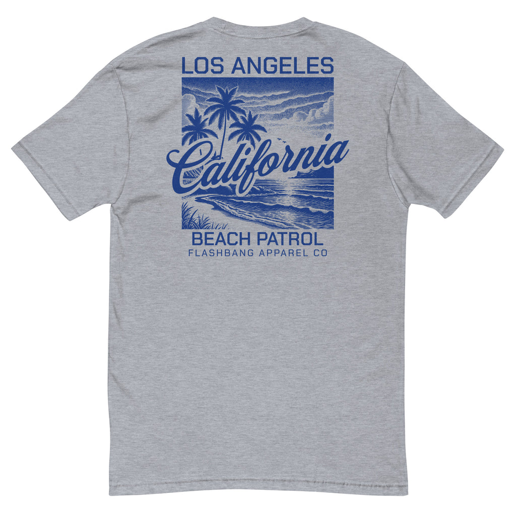 Gray t-shirt with blue 'Los Angeles California Beach Patrol' design on a white background