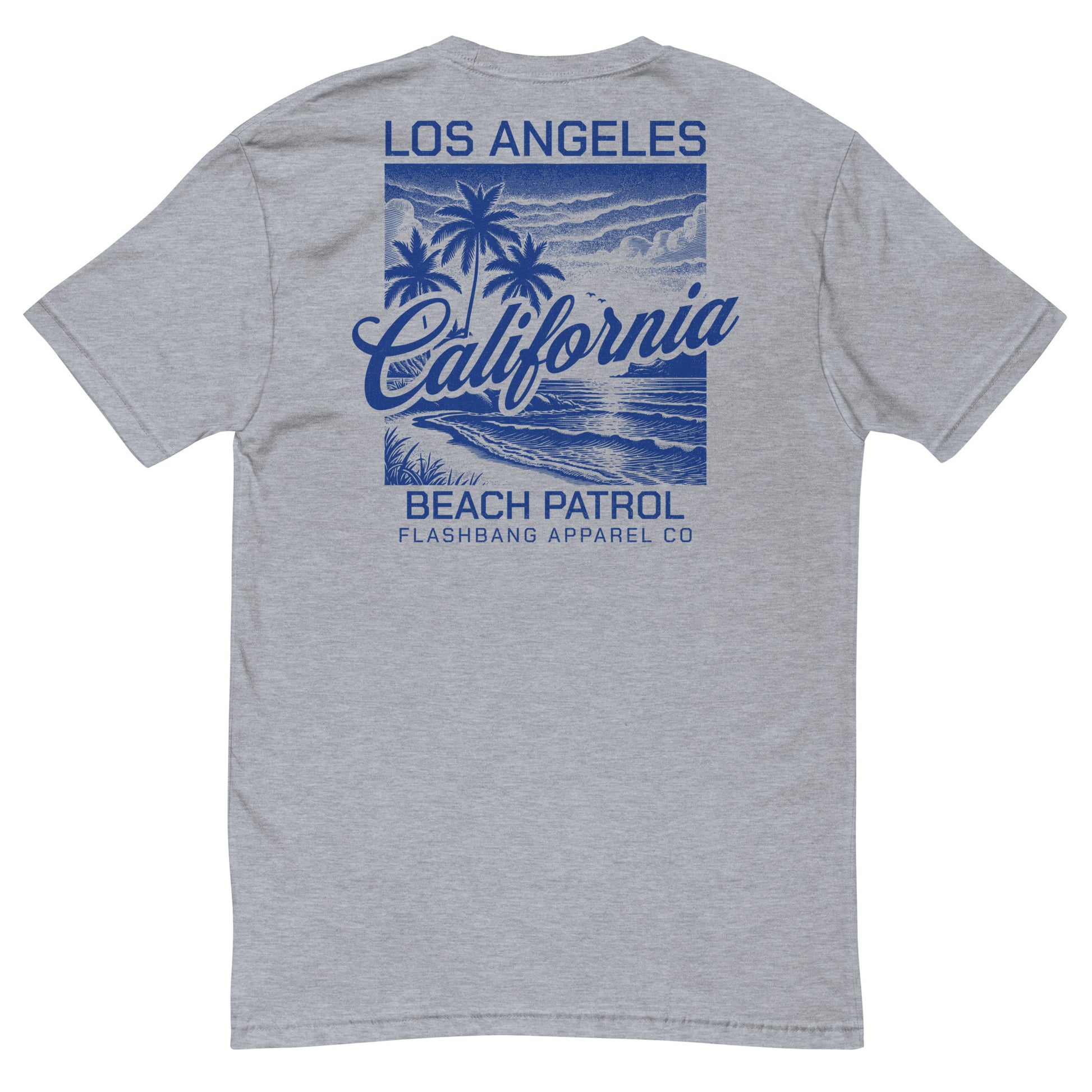 Gray t-shirt with blue 'Los Angeles California Beach Patrol' design on a white background