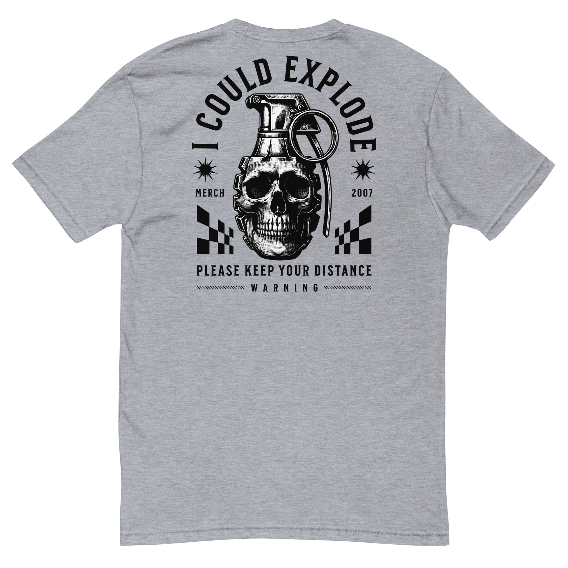 Gray t-shirt with a graphic design of a skull and grenade on the back, on a white background.