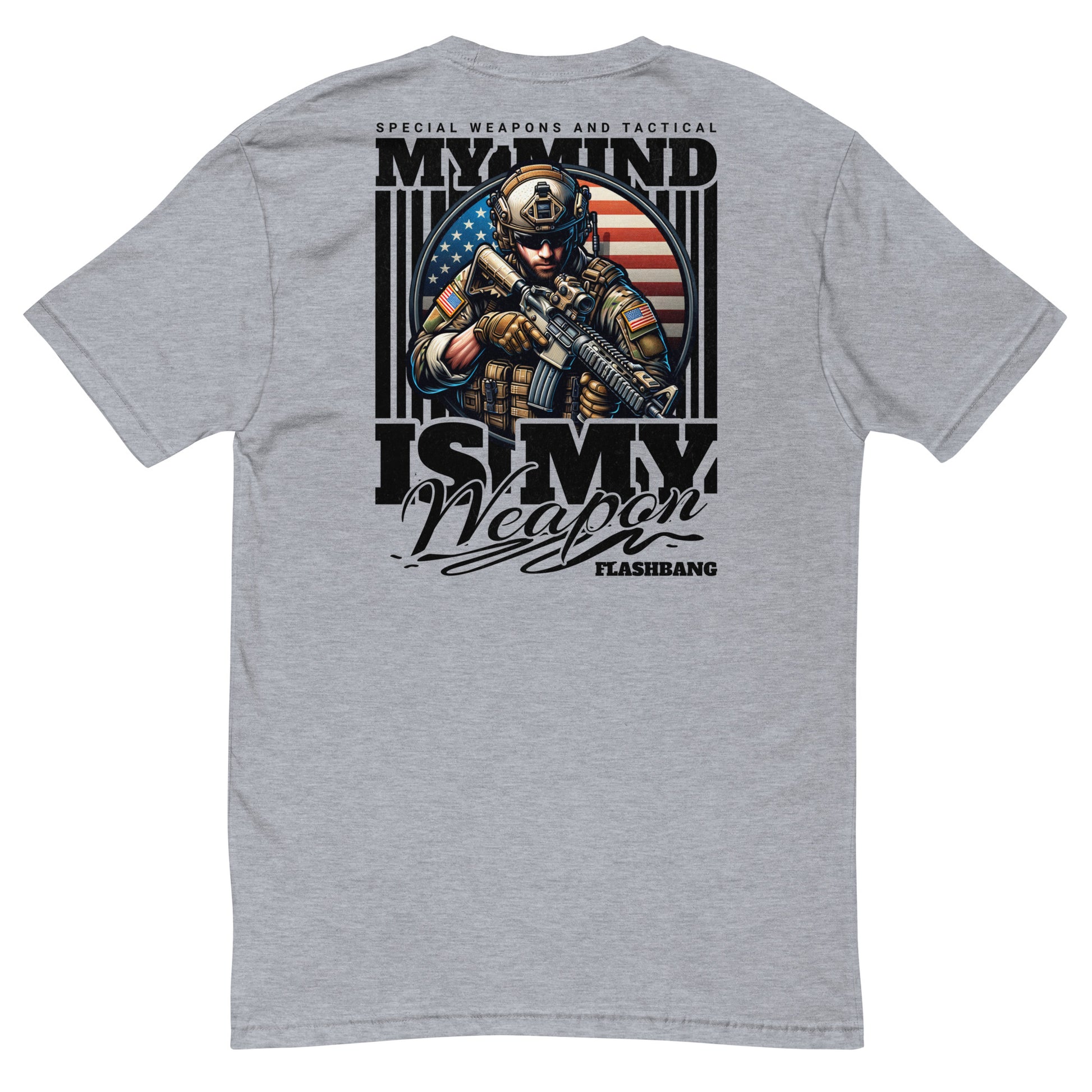 Gray t-shirt with a graphic design featuring a soldier and American flag, text 'My Mind is My Weapon', on a white background.