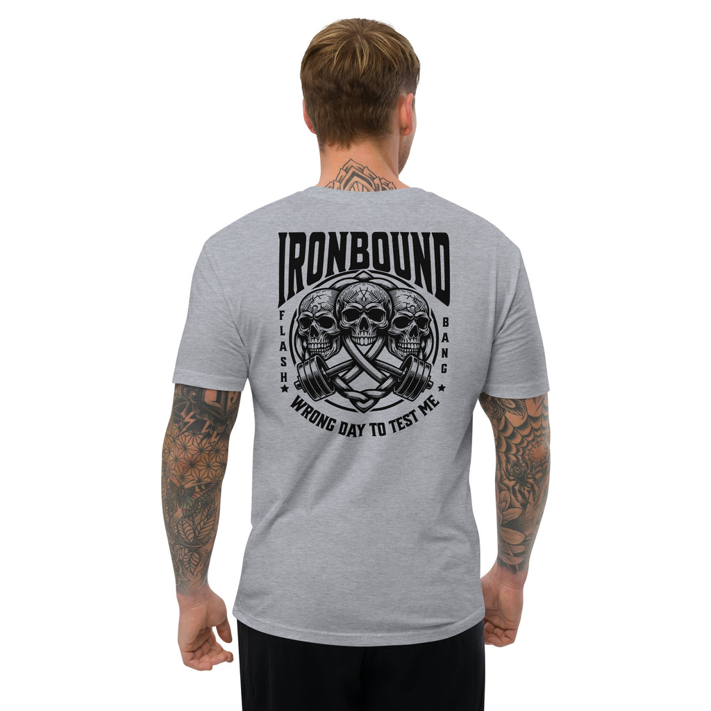 Man wearing a gray t-shirt with 'Ironbound' graphic design on the back.