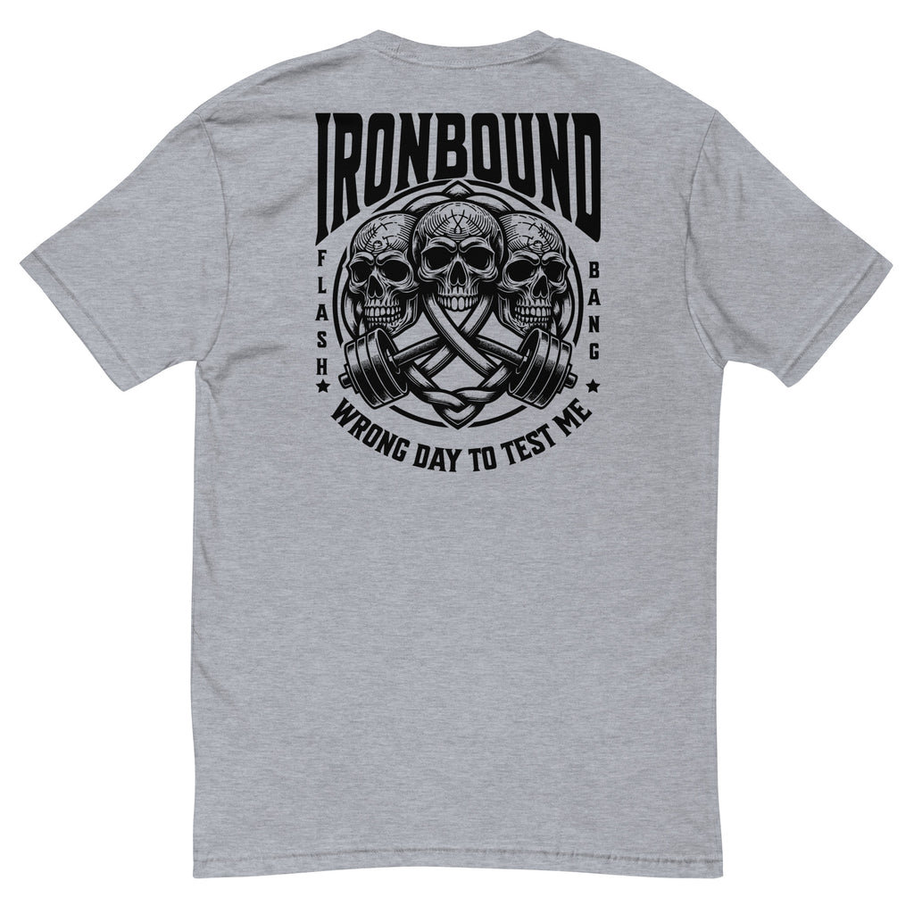 Gray t-shirt with black graphic design and text on a white background