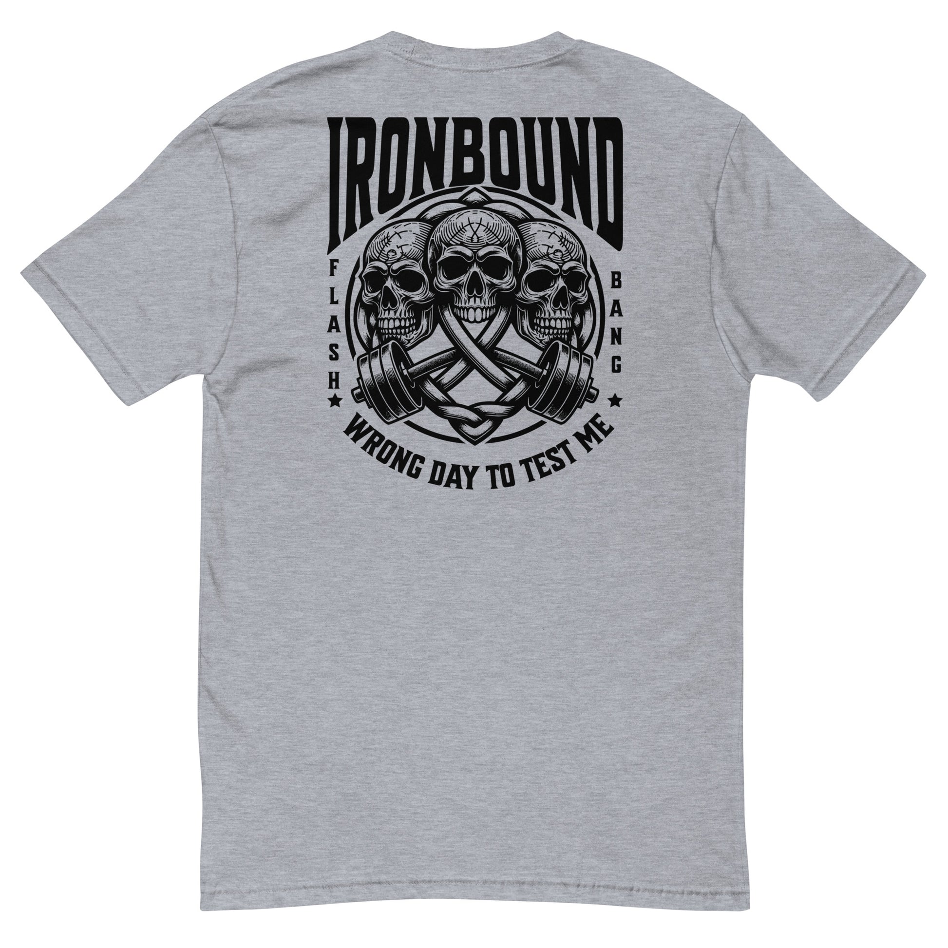 Gray t-shirt with black graphic design and text on a white background