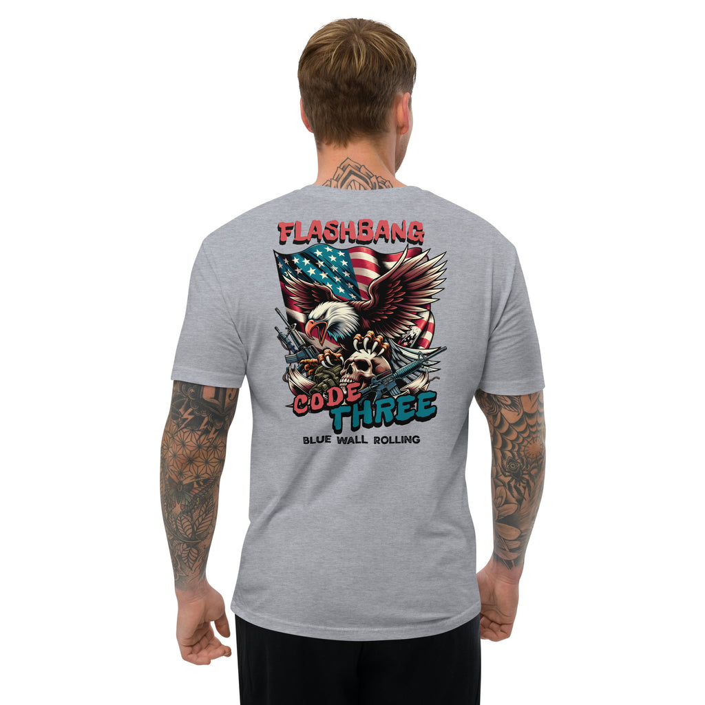 Gray t-shirt with 'Flashbang Code Three' design on the back, worn by a person.