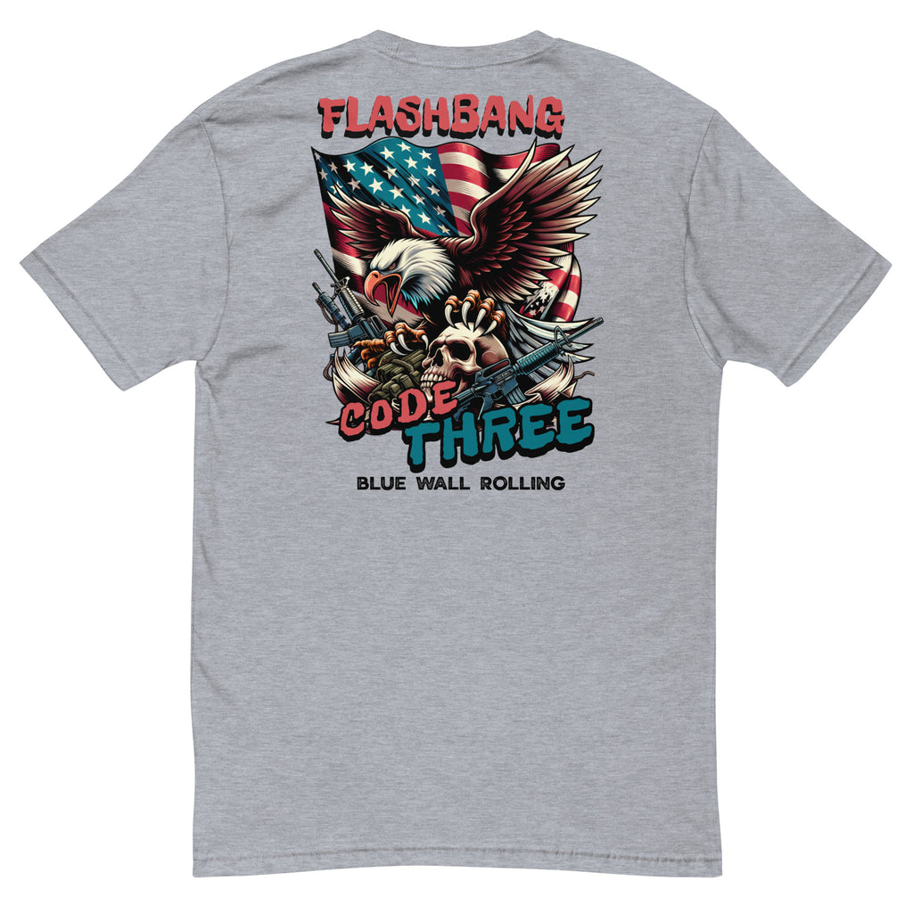 Gray t-shirt with a graphic design featuring an eagle, American flag, and text on a white background