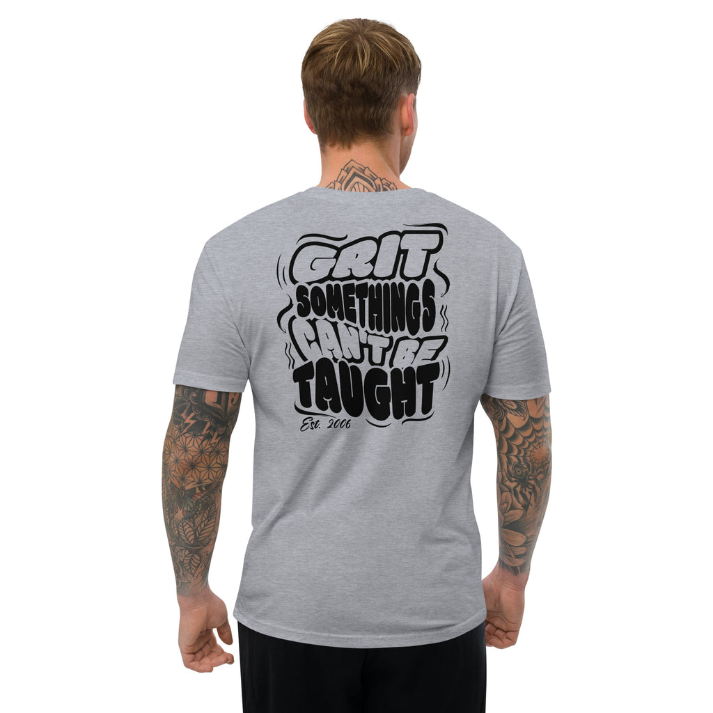Gray t-shirt with black text on the back worn by a person, white background