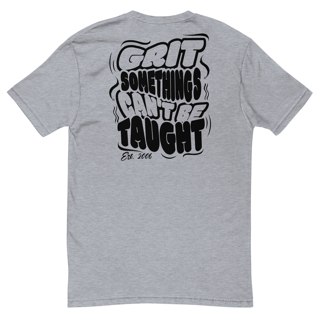 Gray t-shirt with black text on the back on a white background