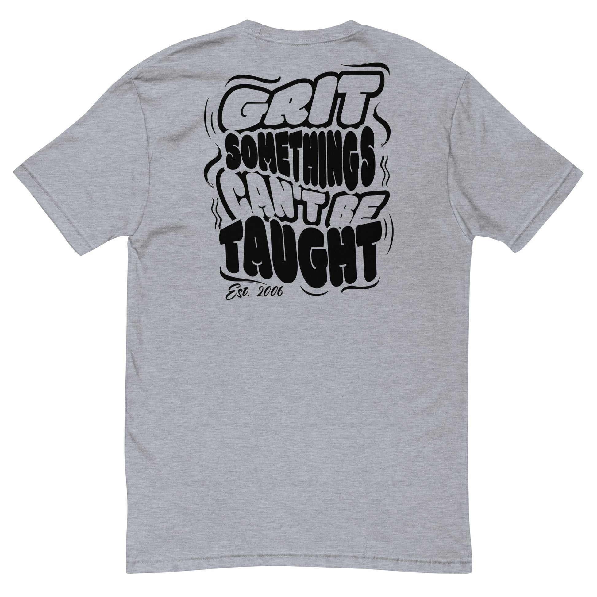 Gray t-shirt with black text on the back on a white background