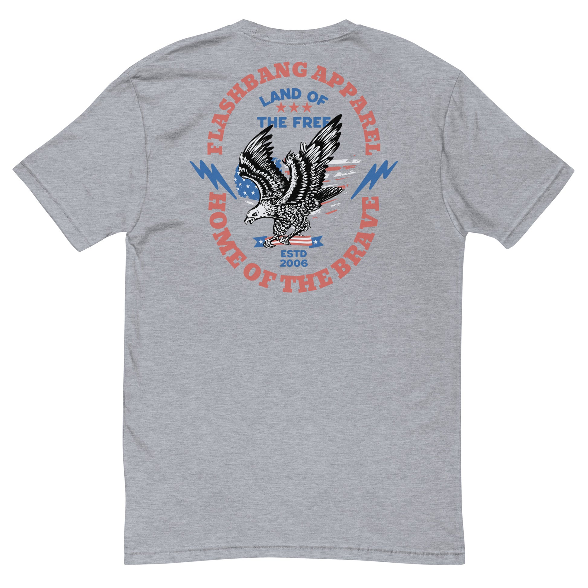 Gray t-shirt with an eagle graphic and text on the back, on a white background