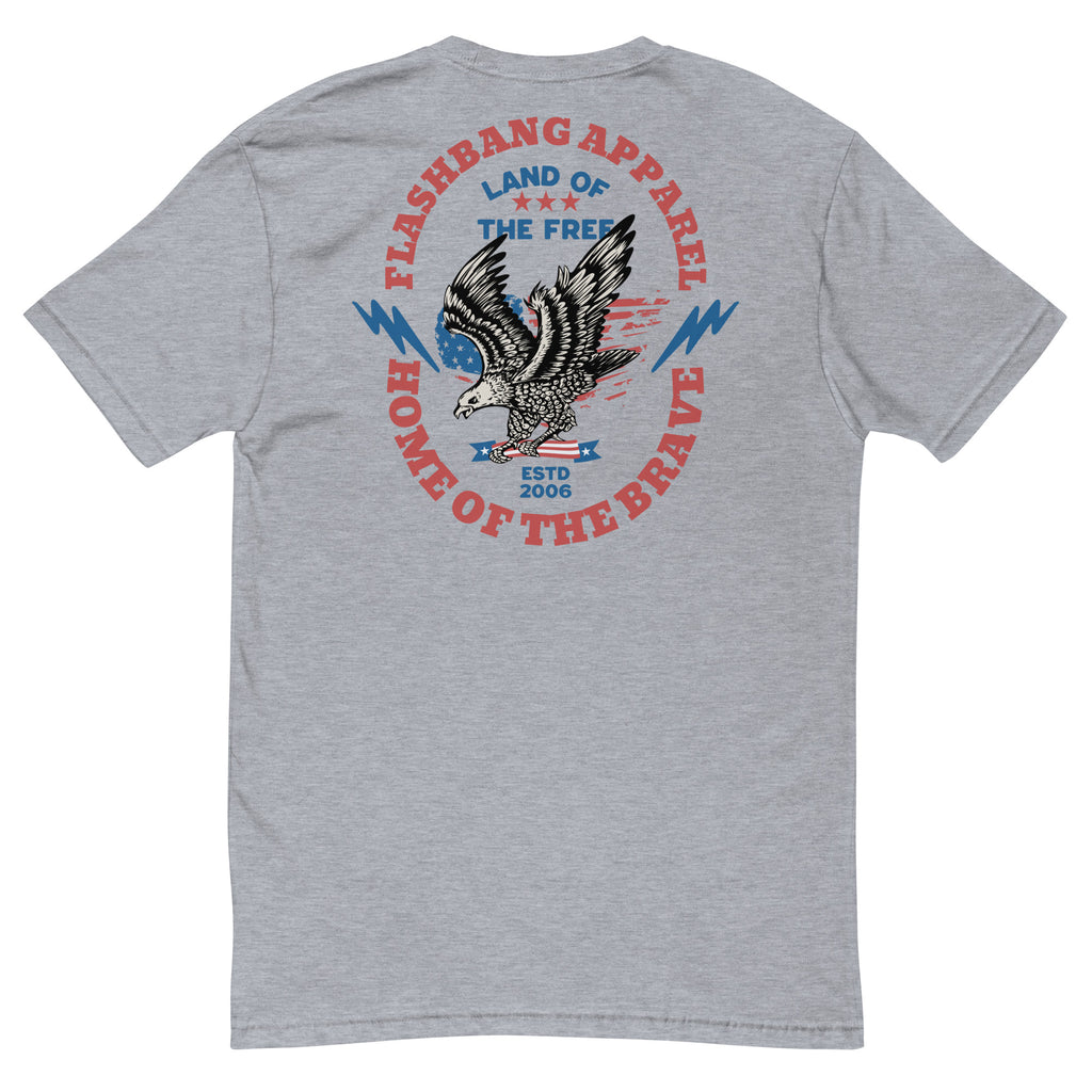 Gray t-shirt with patriotic design and 'Flashbang Apparel' text on the back