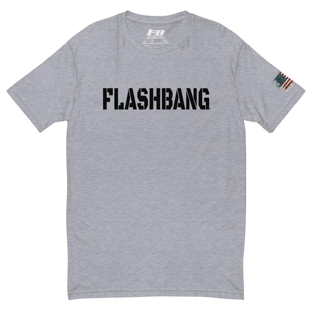 Flashbang Black Logo T-shirt featuring American flag graphic - Front View - Heather Grey with Flashbang Text