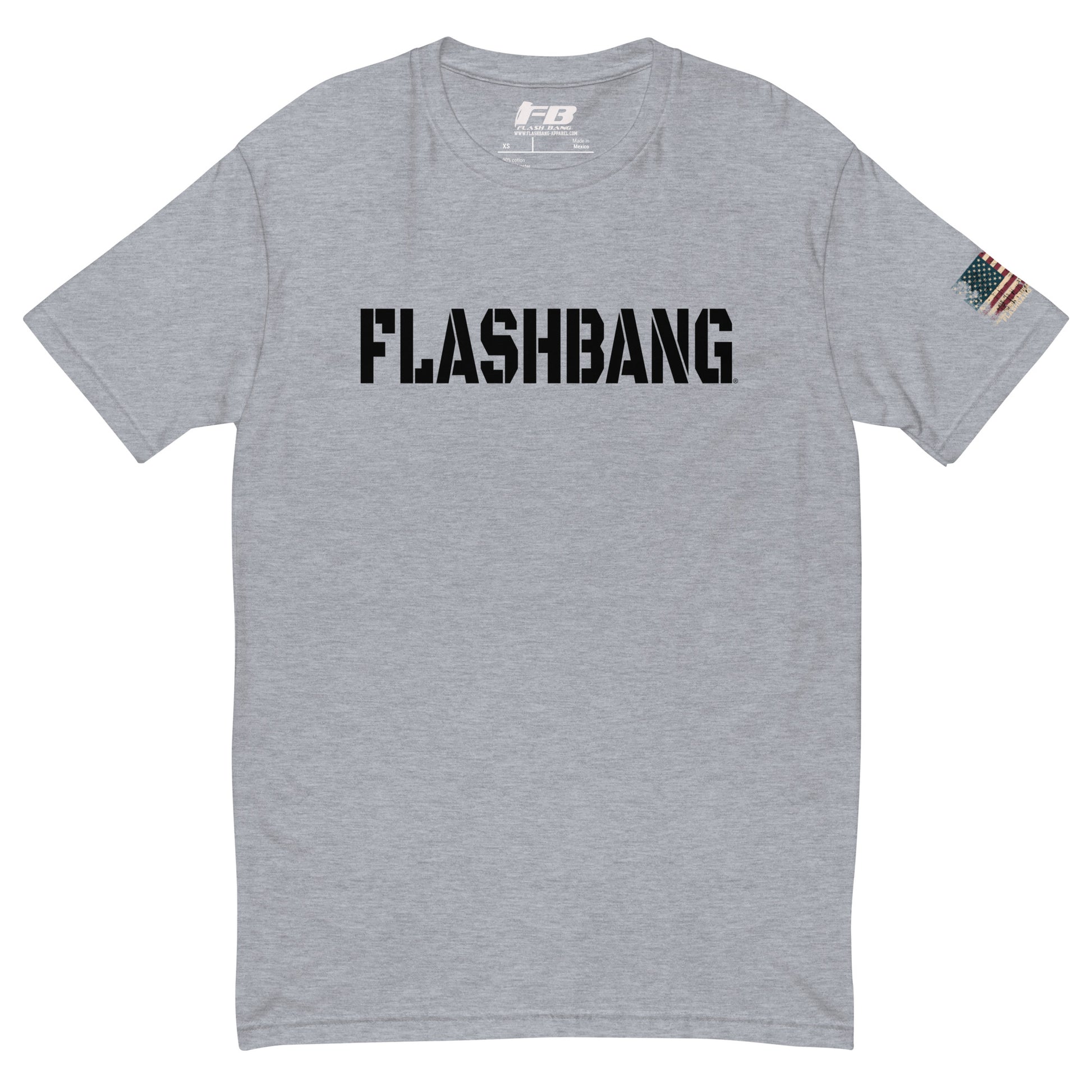 Flashbang Black Logo T-shirt featuring American flag graphic - Front View - Heather Grey with Flashbang Text