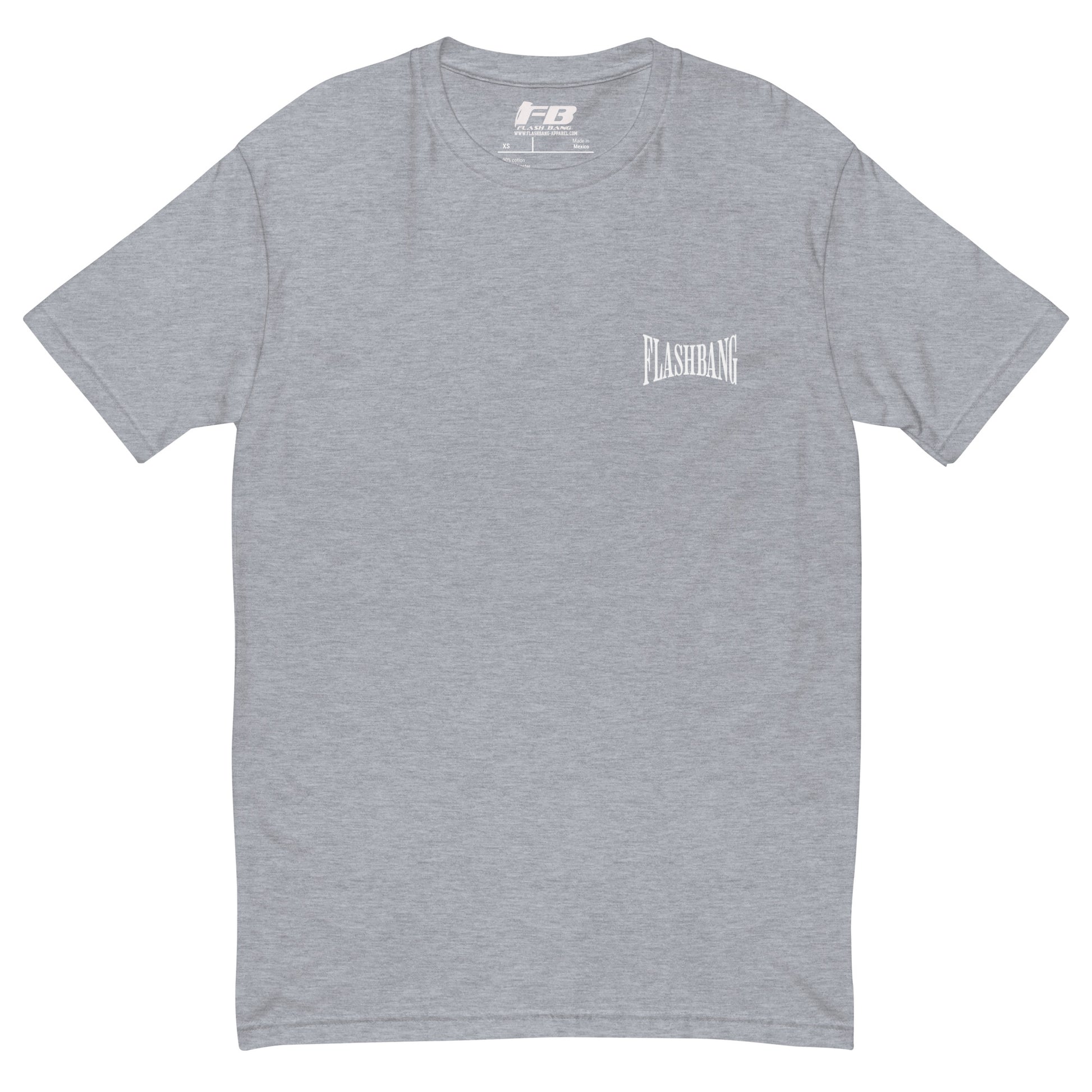 Authentic White T-shirt with bold letter print, designed for comfort and durability, perfect for those who love authentic graphic shirts - Front View - Heather Grey with Flashbang Text