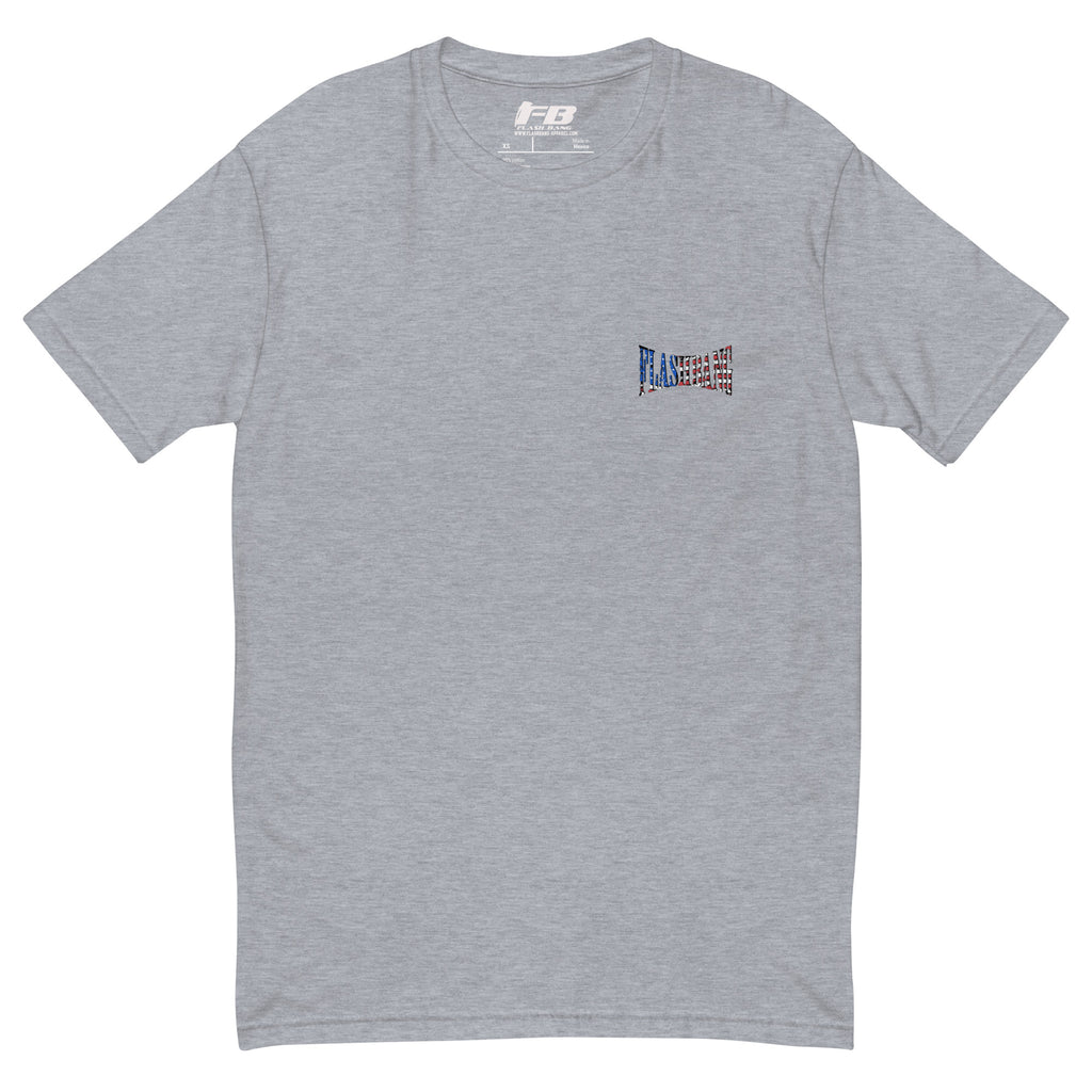 Boots On The Ground T-shirt for men – Inspired by patriot military style and pairs great with USA flag cowboy boots - Front View - Heather Grey with Flashbang Text