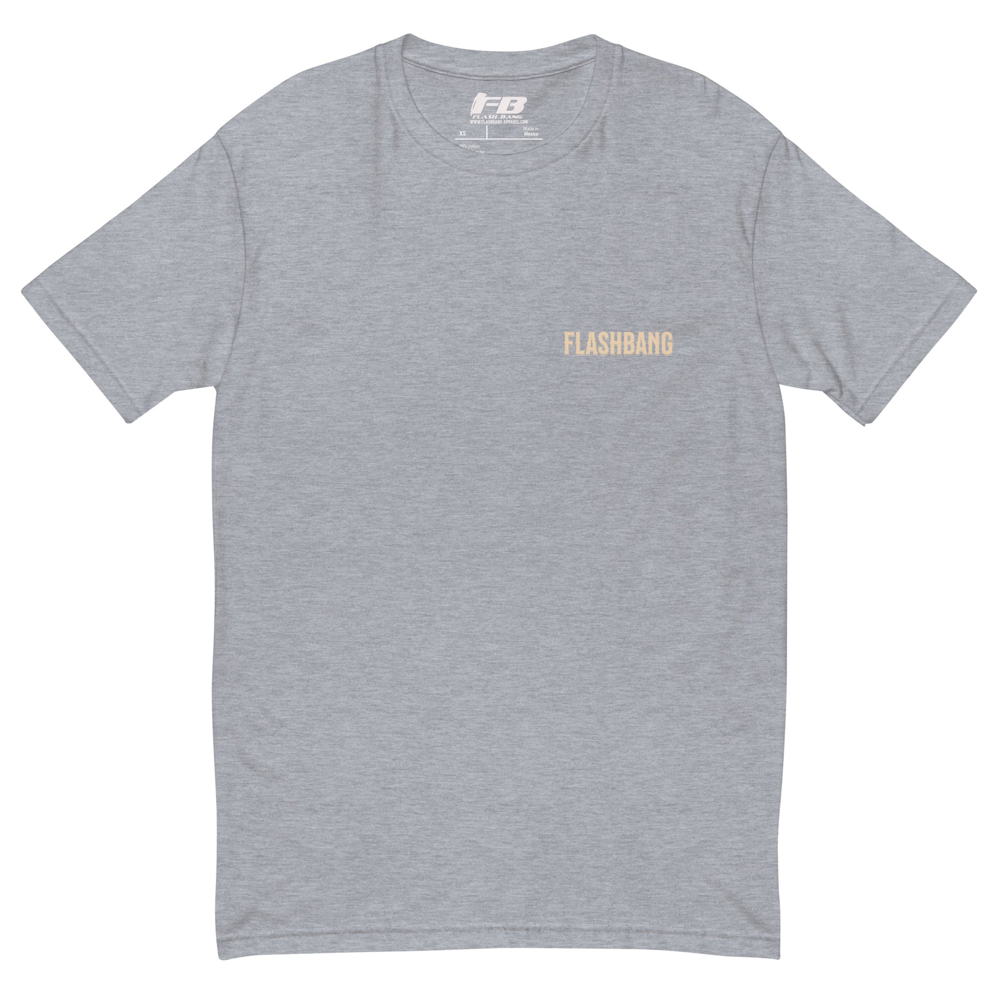 American Style T-shirt featuring USA flag and Strength Honor Freedom message, designed for veterans and patriots - Front View - Heather Grey with Flashbang Text