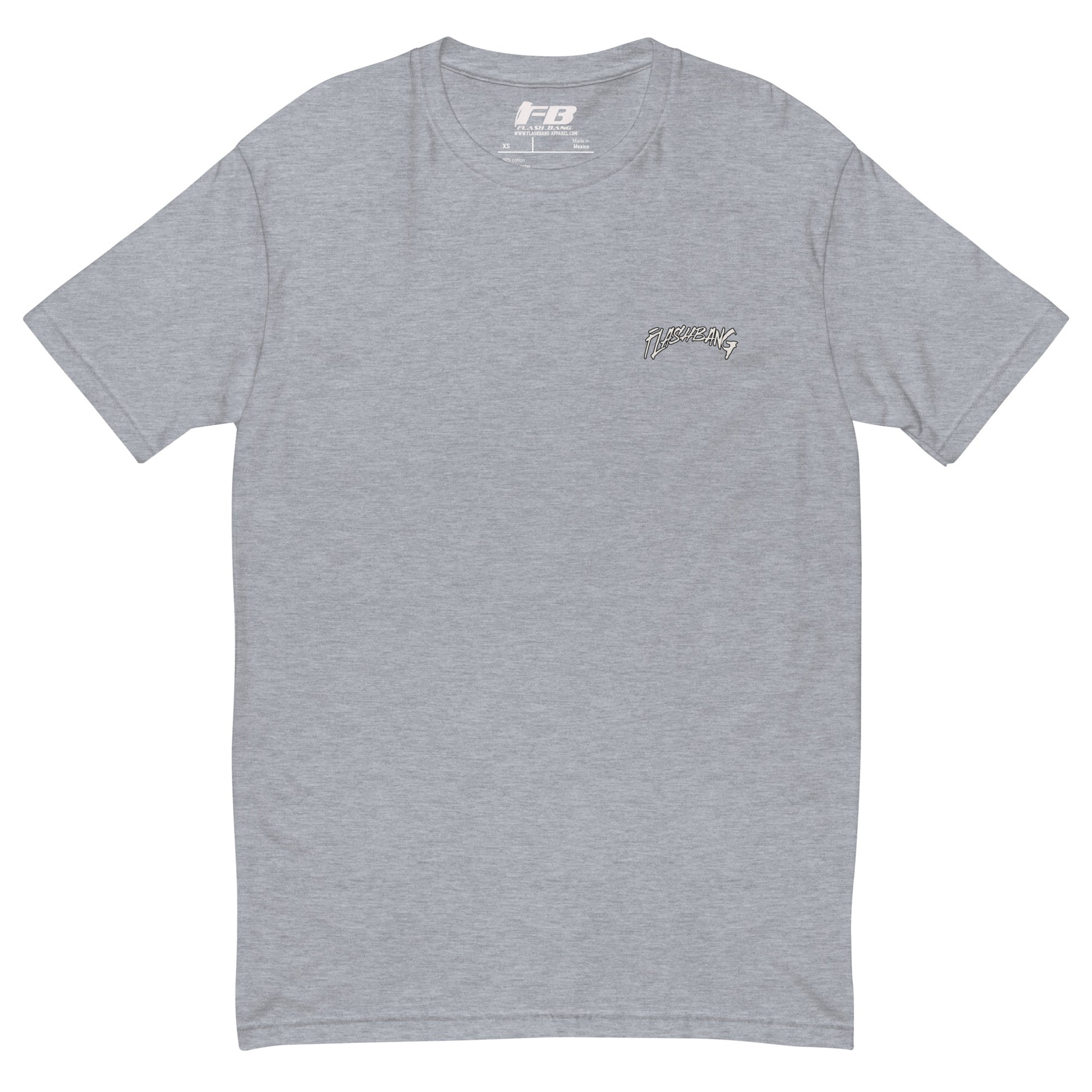 LA Lost Souls Lite T-shirt featuring skeleton designs, Los Angeles Text - Front View - Heather Grey with Flashbang Text