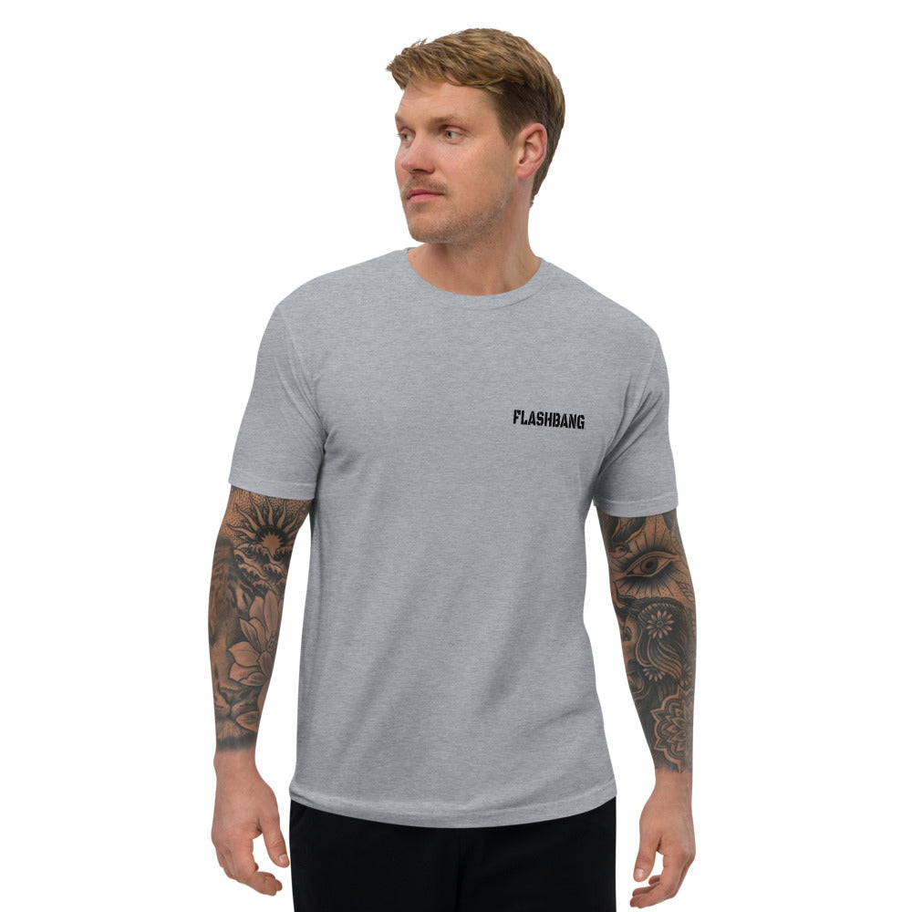 Snitches Get Stitches T-shirt featuring a street justice cat design, ideal for fans of cool cat t-shirts, boxing tees, and street cat shirts - Front View- Heather Grey - Model Guy
