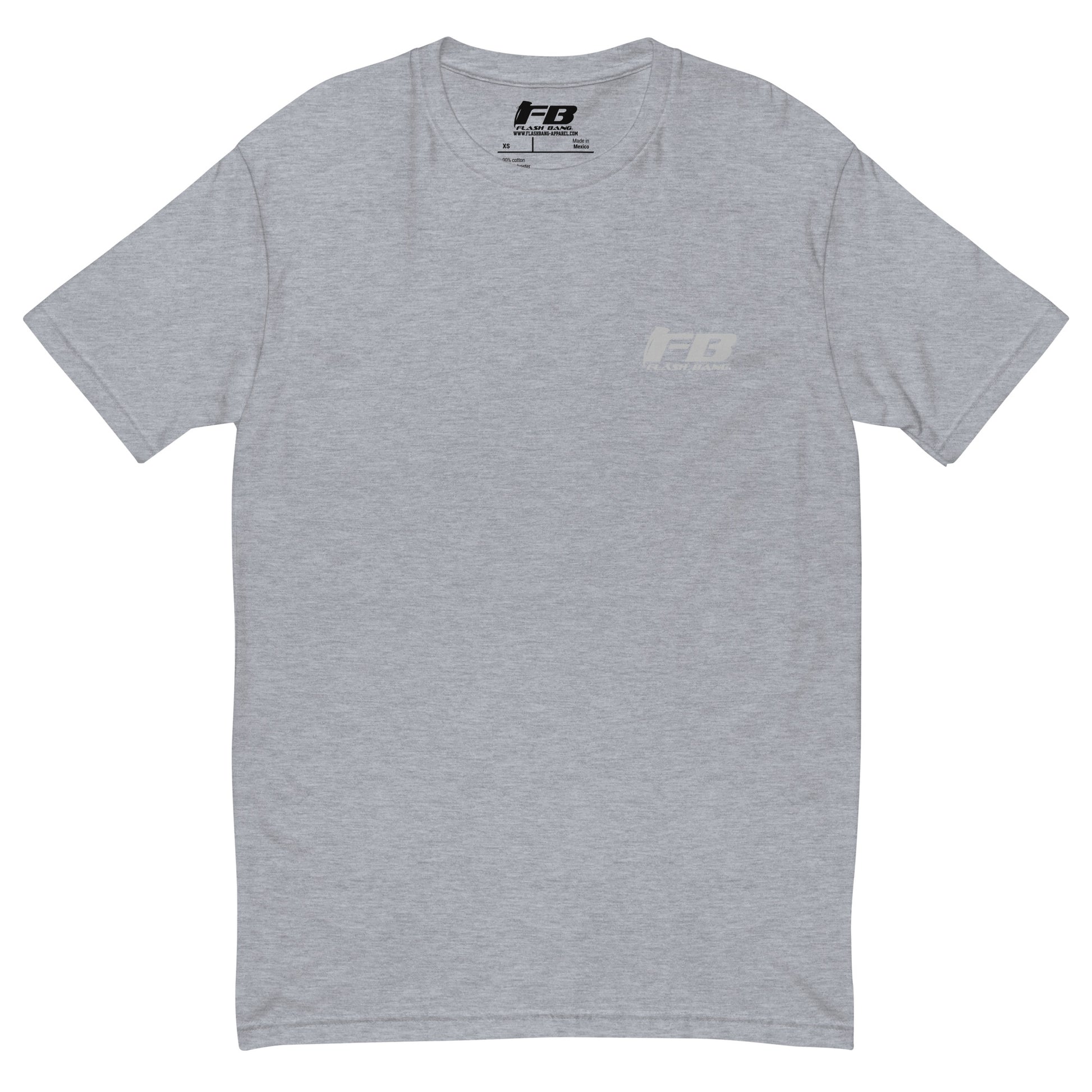 Courage T-shirt with sword and wings graphic, honoring brave soldiers - Front View - Heather Grey with Flashbang Text