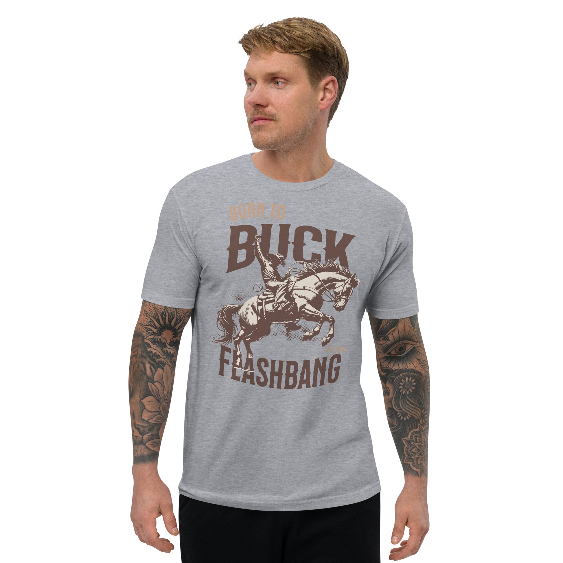 Born to Buck Lite T-shirt featuring a western cowboy graphic - Front View - Heather Grey - Model Guy