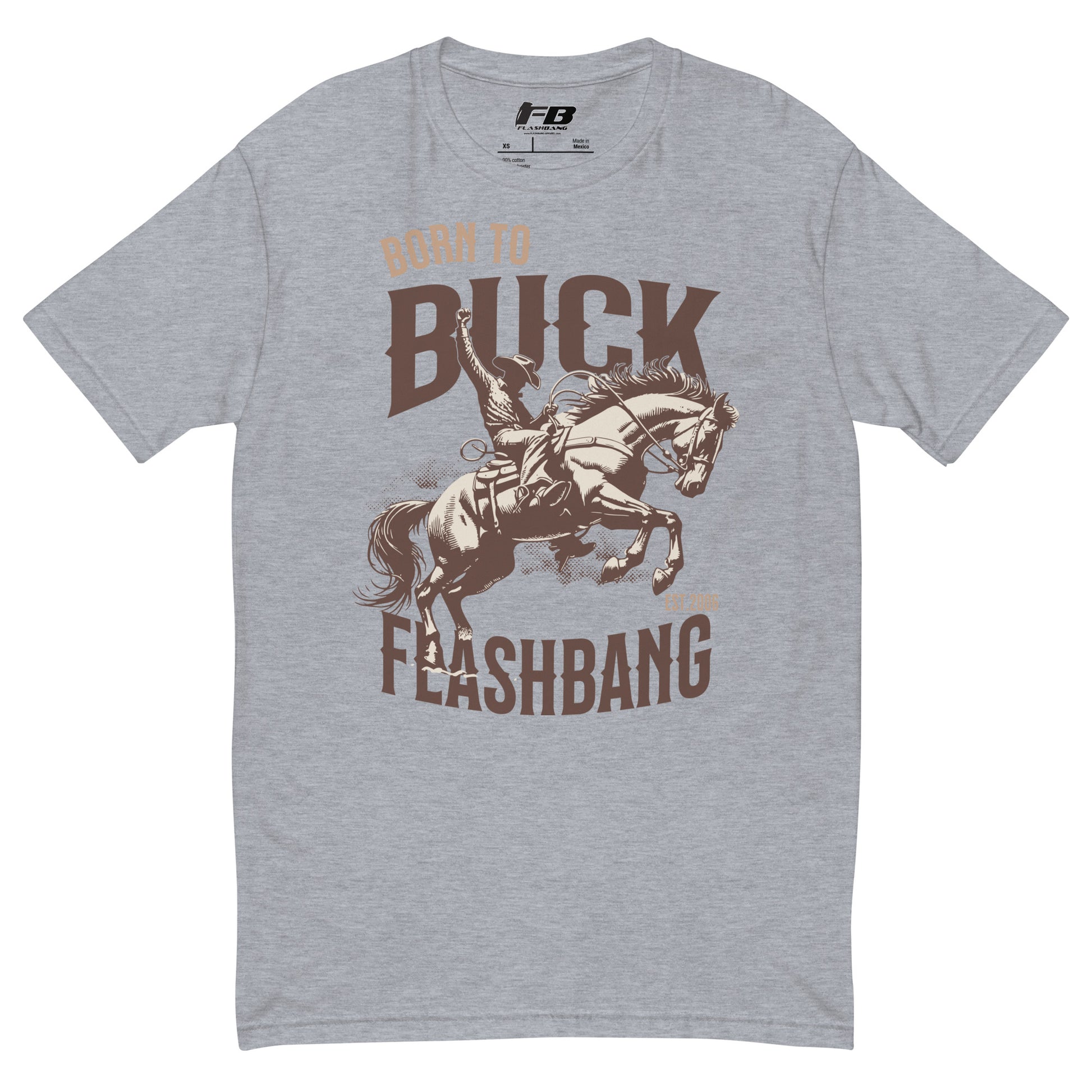 Born to Buck Lite T-shirt featuring a western cowboy graphic - Front View - Heather Grey