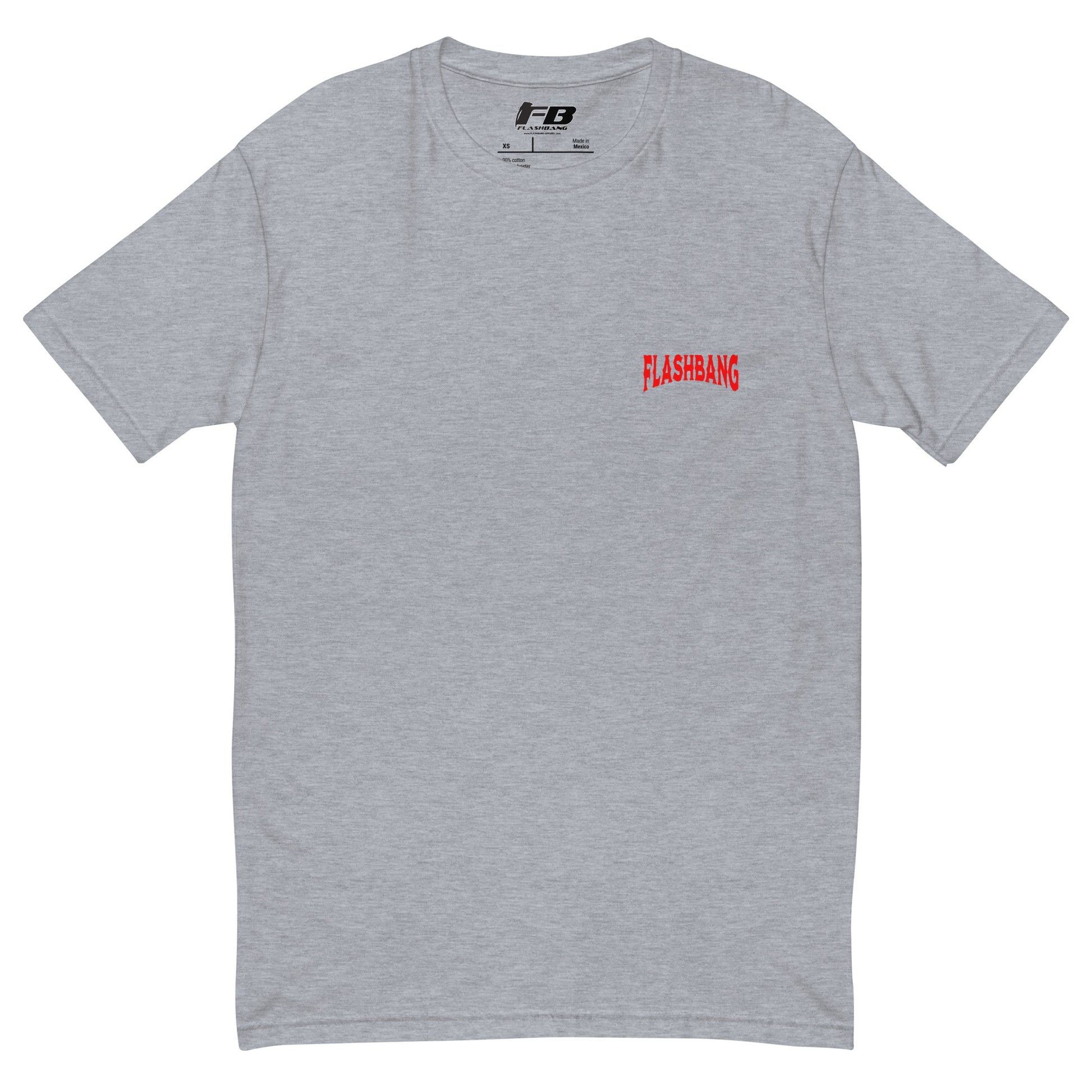 Graphic t-shirt featuring a tribal warrior skull with feathers, gothic design - Front View - Heather Grey with Flashbang Text