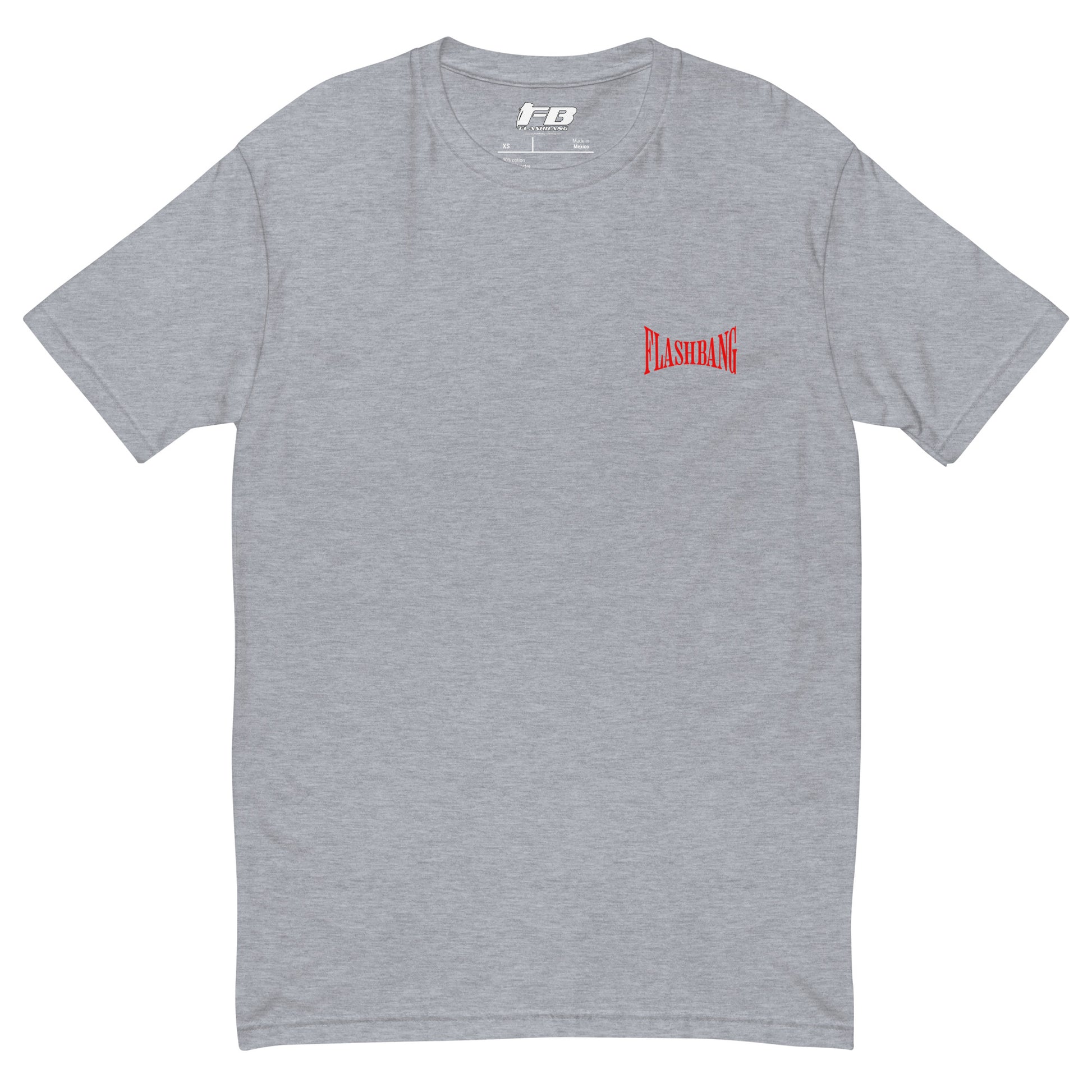 Forged in Fire Lite T-shirt featuring Spartan graphic, ideal for firefighters and those who embody strength and courage - Front View - Heather Grey with Flashbang Text