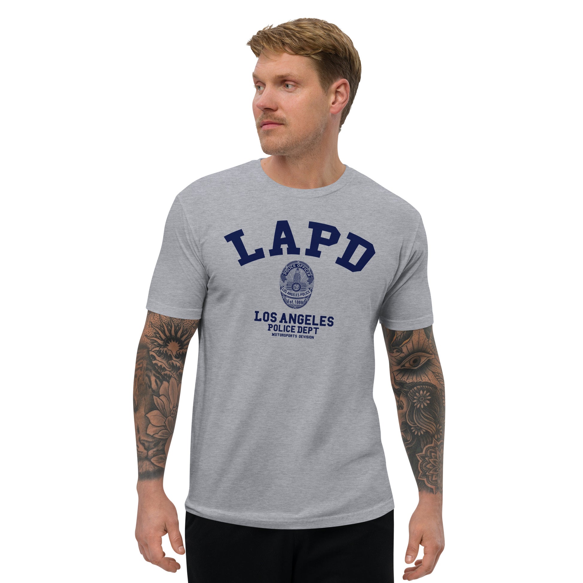 Man wearing a gray t-shirt with LAPD Los Angeles Police Dept logo on a white background