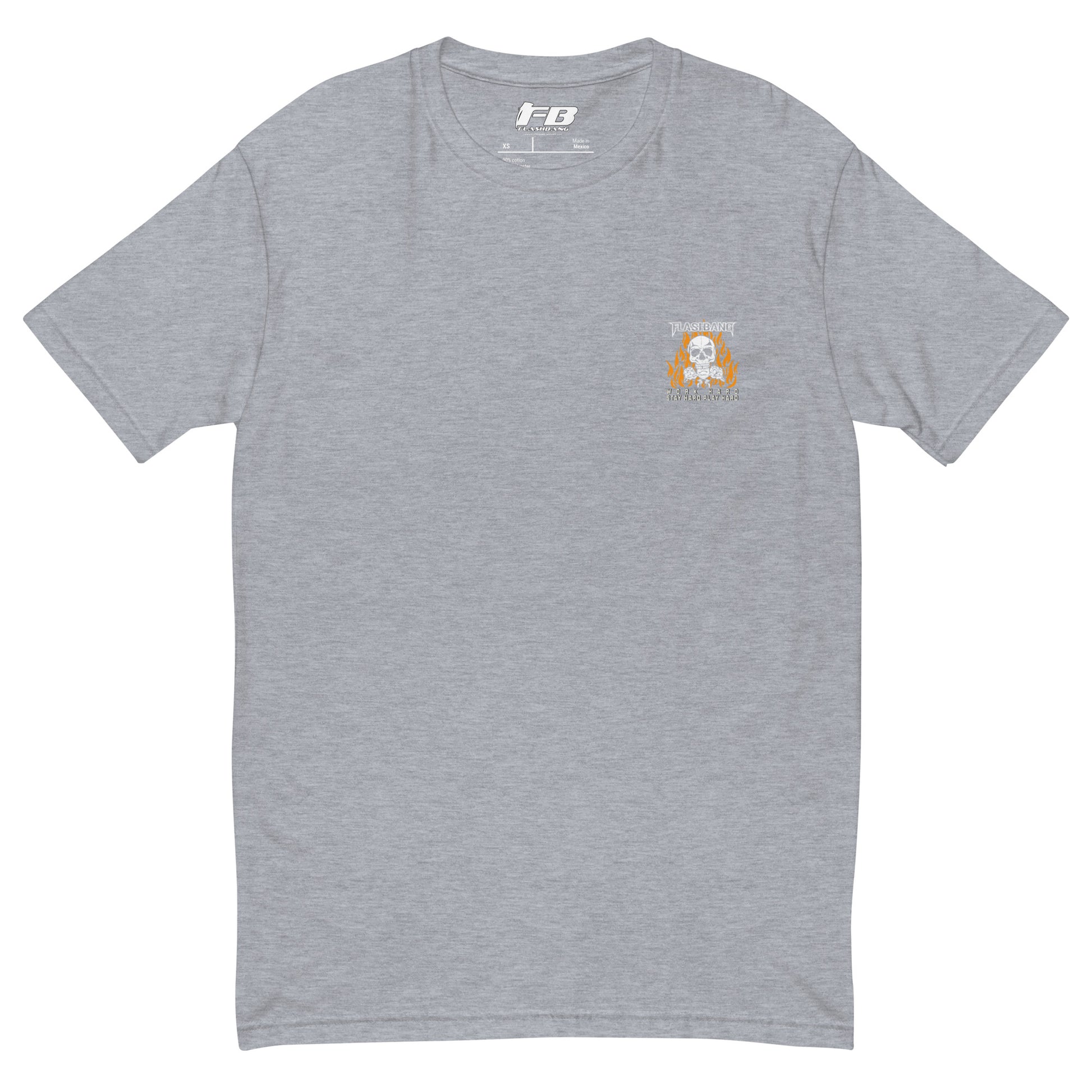 Gray t-shirt with a small logo on the chest against a white background