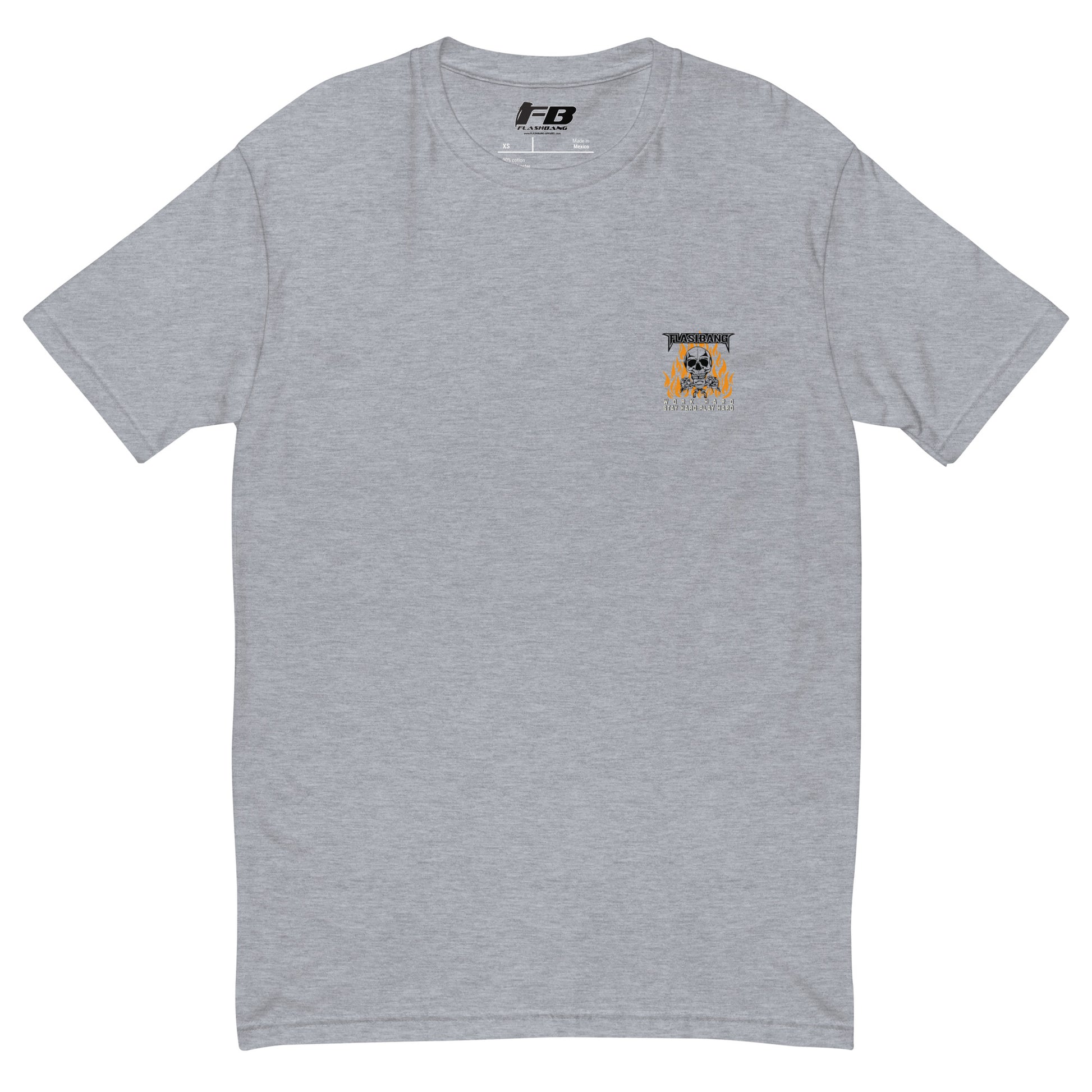 Gray t-shirt with a small logo on the chest against a white background
