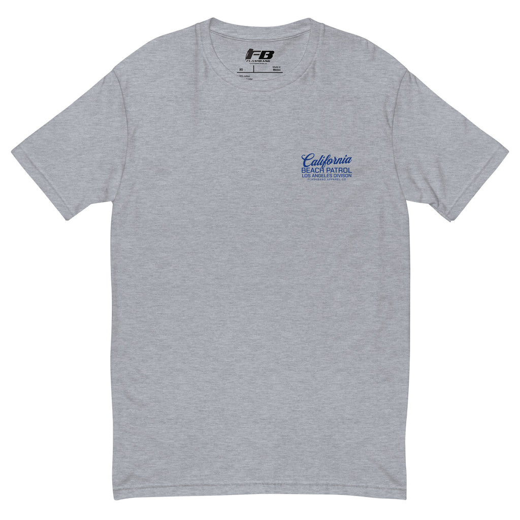 Gray t-shirt with blue text on a white background