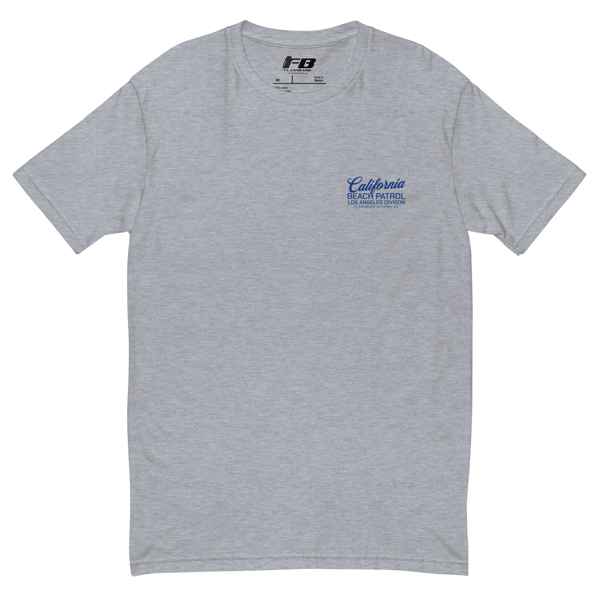 Gray t-shirt with blue text on a white background