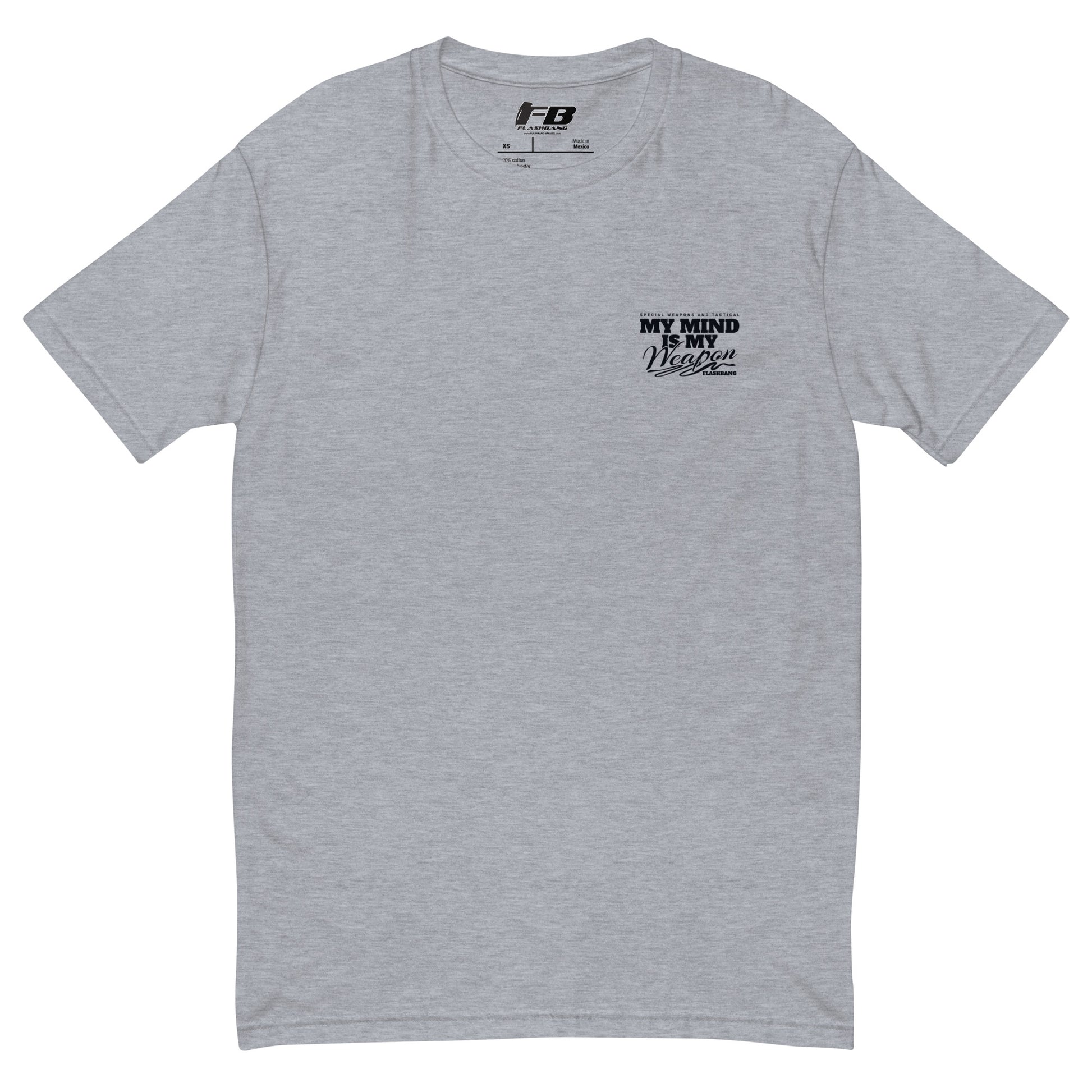 Gray t-shirt with black text on a white background