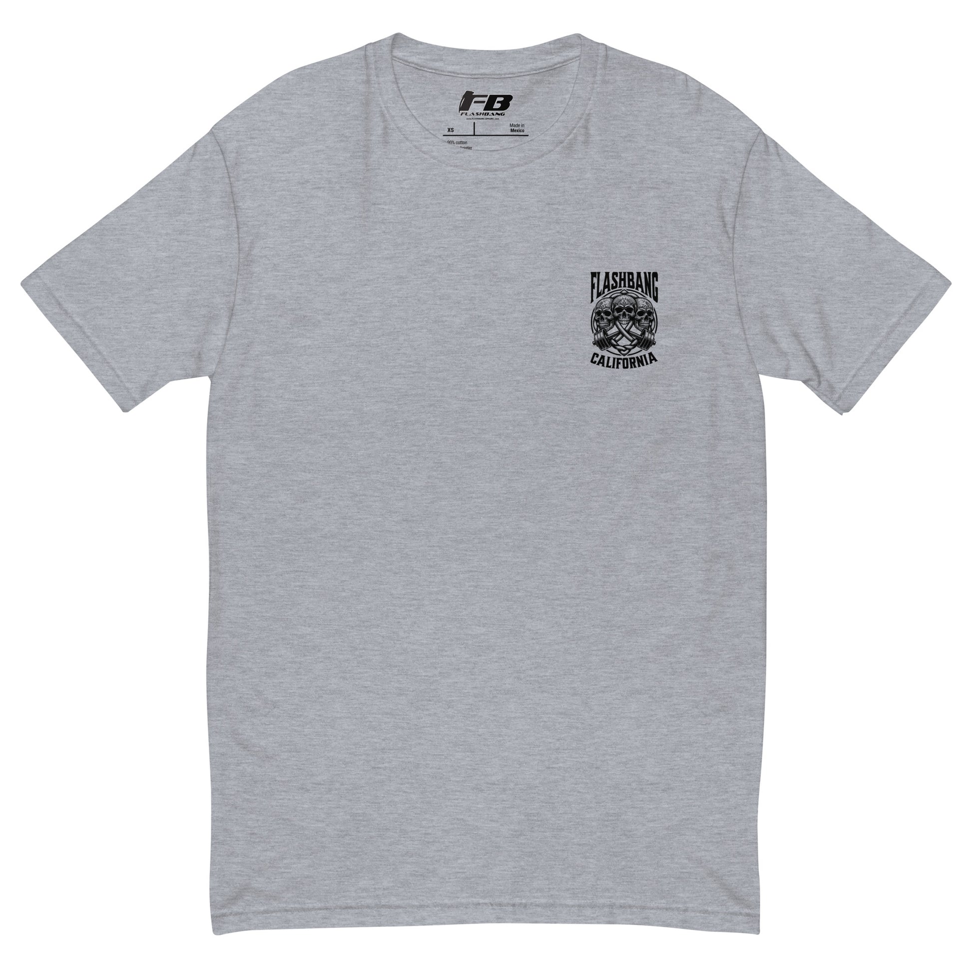 Gray t-shirt with a logo on the chest against a white background