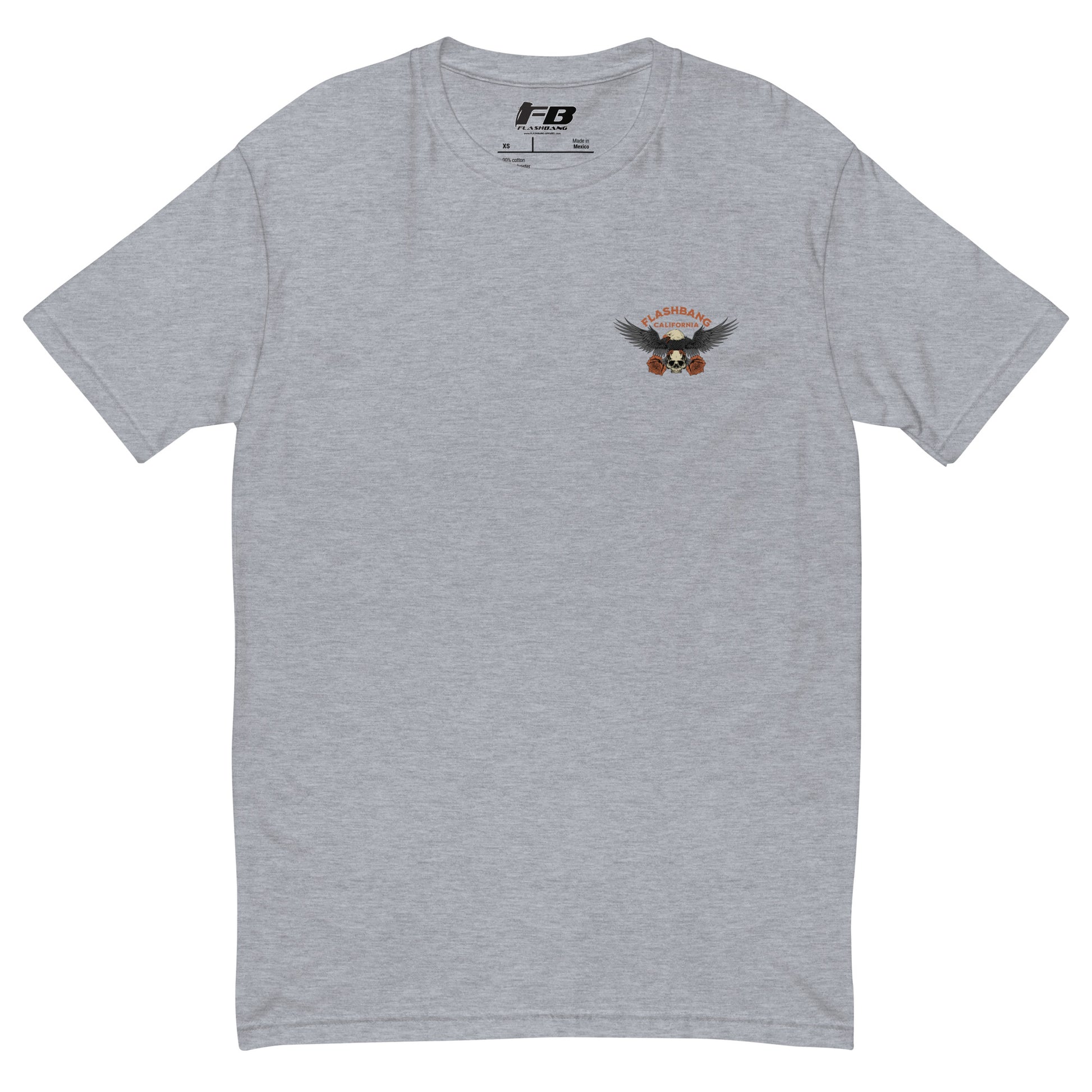 Gray t-shirt with a logo on the chest against a white background