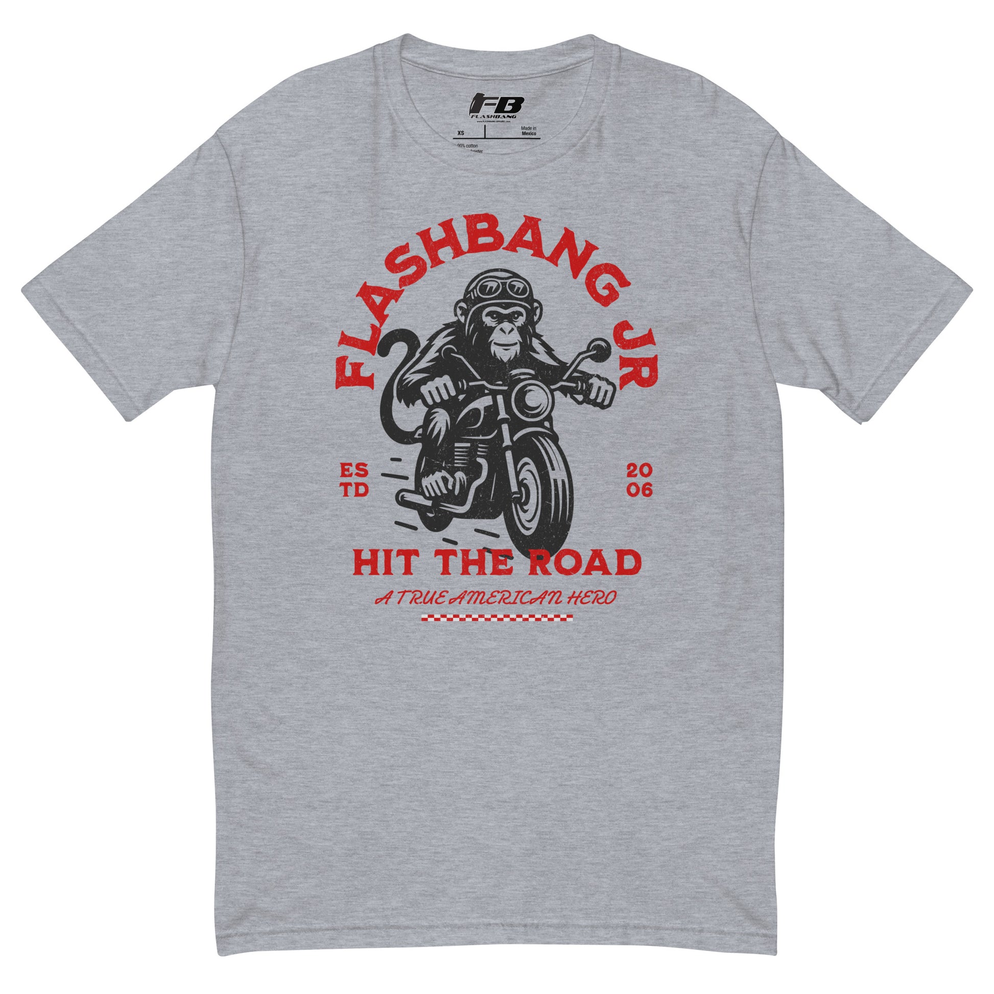 Gray t-shirt with 'Flashbang Jr' graphic design featuring a monkey on a motorcycle.
