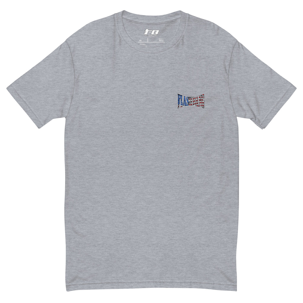 Gray t-shirt with a small logo on the chest against a white background